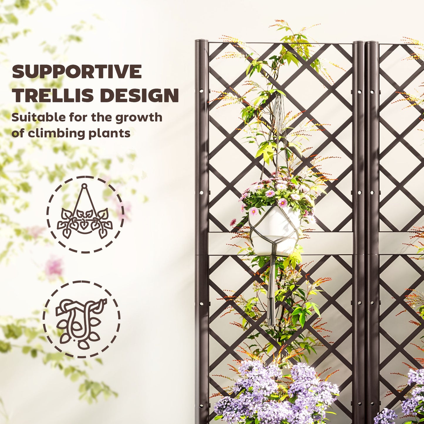 Raised Garden Bed with Trellis, Plastic Outdoor Planter Box with Drainage Holes and Drain Plugs, Raised Flower Bed for Patio, Backyard, Balcony, 47" x 16" x 48"