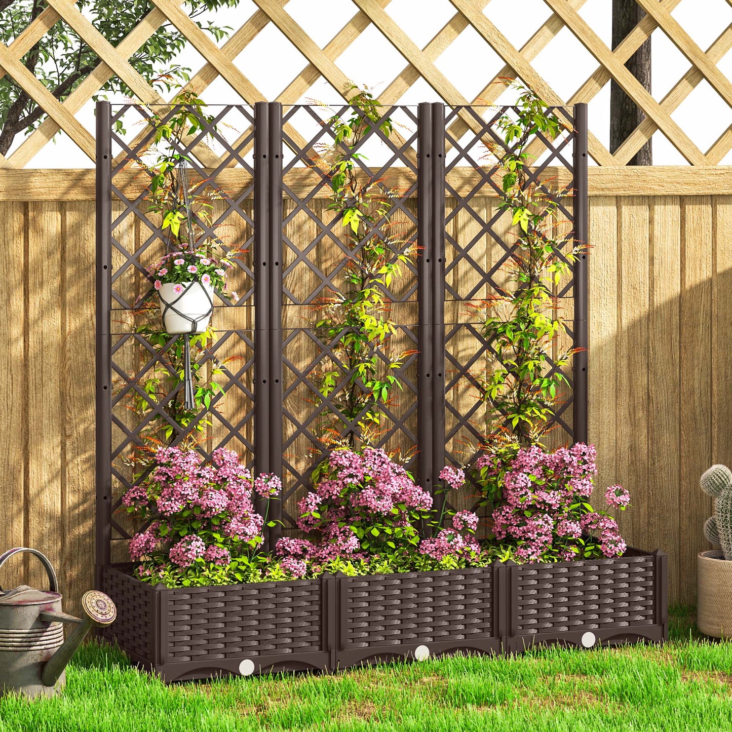 Raised Garden Bed with Trellis, Plastic Outdoor Planter Box with Drainage Holes and Drain Plugs, Raised Flower Bed for Patio, Backyard, Balcony, 47" x 16" x 48"