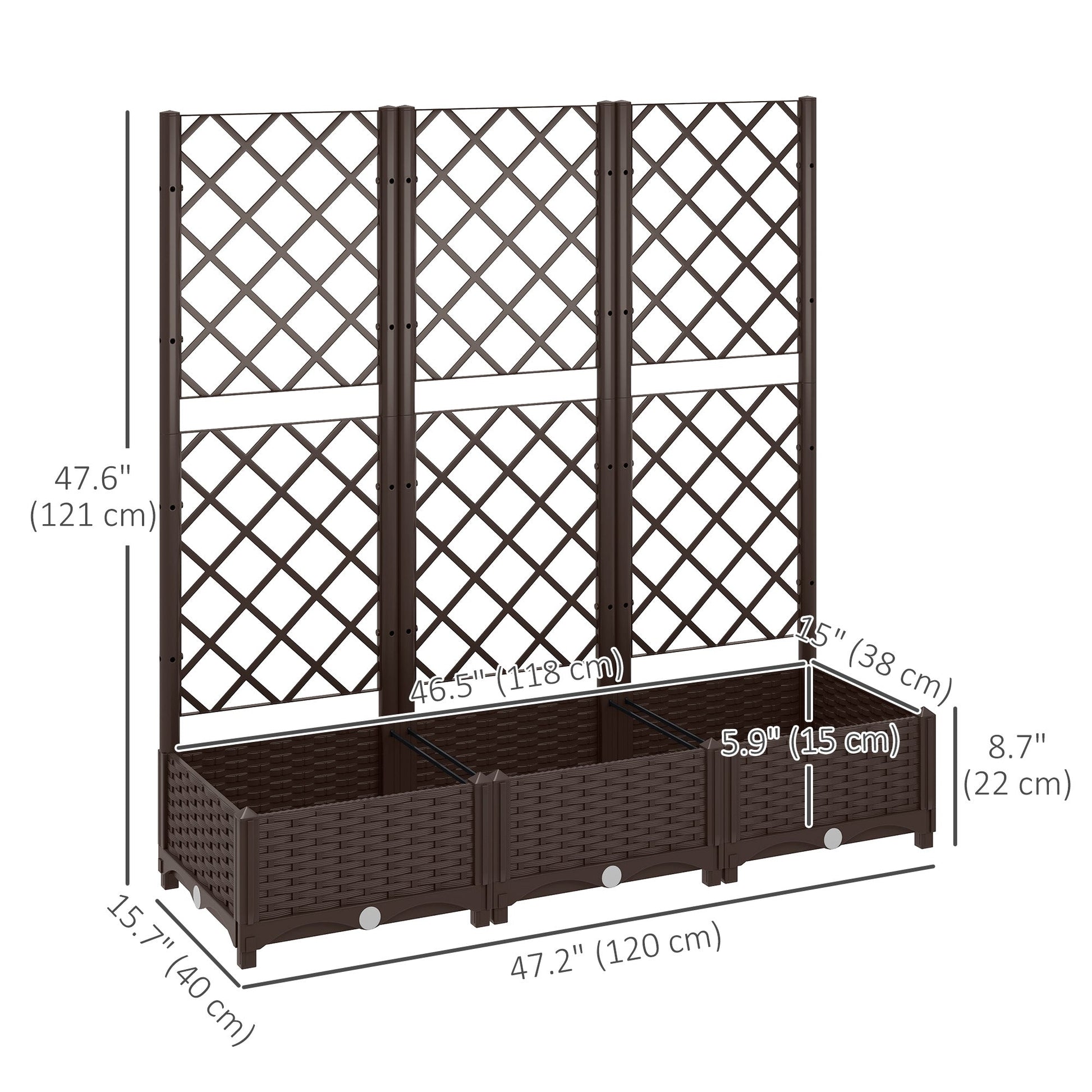 Raised Garden Bed with Trellis, Plastic Outdoor Planter Box with Drainage Holes and Drain Plugs, Raised Flower Bed for Patio, Backyard, Balcony, 47" x 16" x 48"