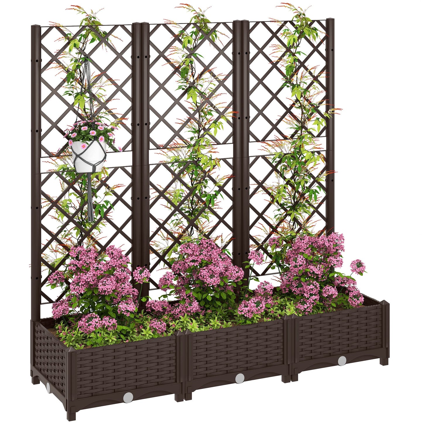 Raised Garden Bed with Trellis, Plastic Outdoor Planter Box with Drainage Holes and Drain Plugs, Raised Flower Bed for Patio, Backyard, Balcony, 47" x 16" x 48"