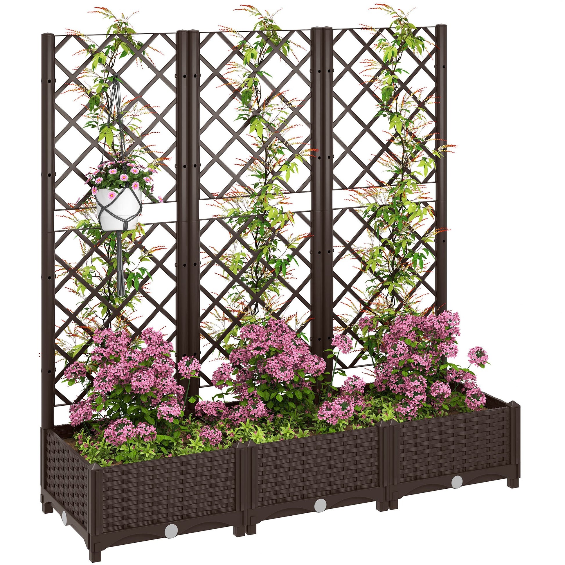 Raised Garden Bed with Trellis, Plastic Outdoor Planter Box with Drainage Holes and Drain Plugs, Raised Flower Bed for Patio, Backyard, Balcony, 47" x 16" x 48"
