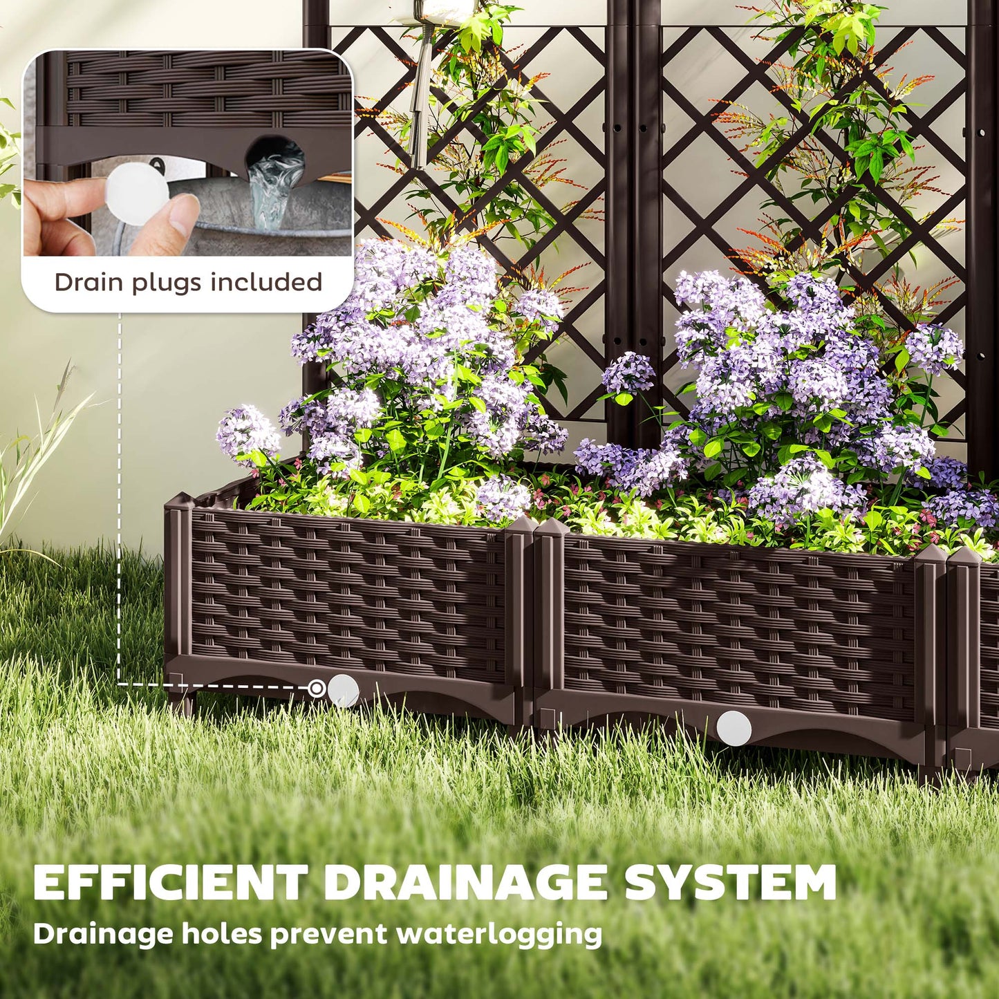 Raised Garden Bed with Trellis, Plastic Outdoor Planter Box with Drainage Holes and Drain Plugs, Raised Flower Bed for Patio, Backyard, Balcony, 47" x 16" x 48"