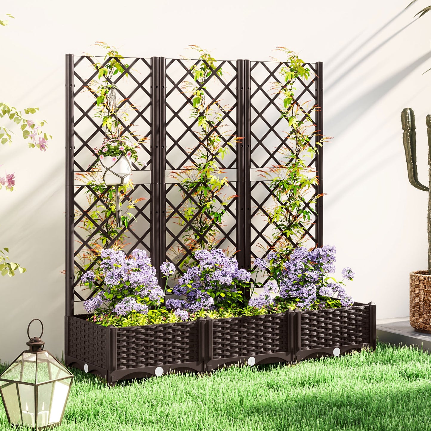 Raised Garden Bed with Trellis, Plastic Outdoor Planter Box with Drainage Holes and Drain Plugs, Raised Flower Bed for Patio, Backyard, Balcony, 47" x 16" x 48"