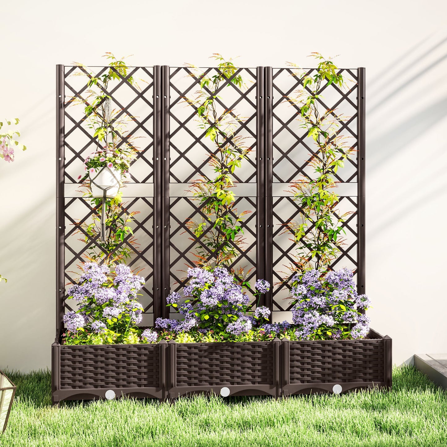 Raised Garden Bed with Trellis, Plastic Outdoor Planter Box with Drainage Holes and Drain Plugs, Raised Flower Bed for Patio, Backyard, Balcony, 47" x 16" x 48"