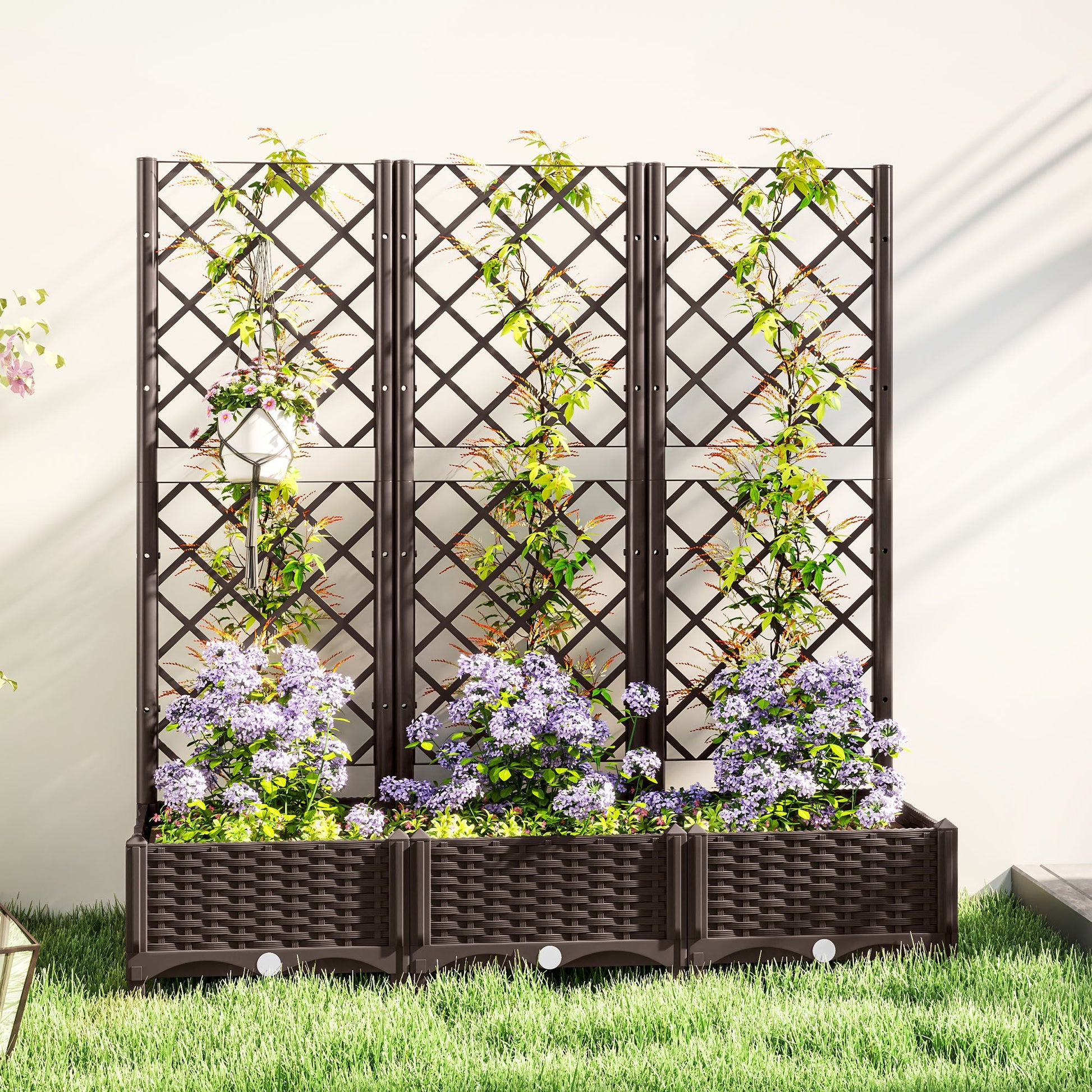 Raised Garden Bed with Trellis, Plastic Outdoor Planter Box with Drainage Holes and Drain Plugs, Raised Flower Bed for Patio, Backyard, Balcony, 47" x 16" x 48"