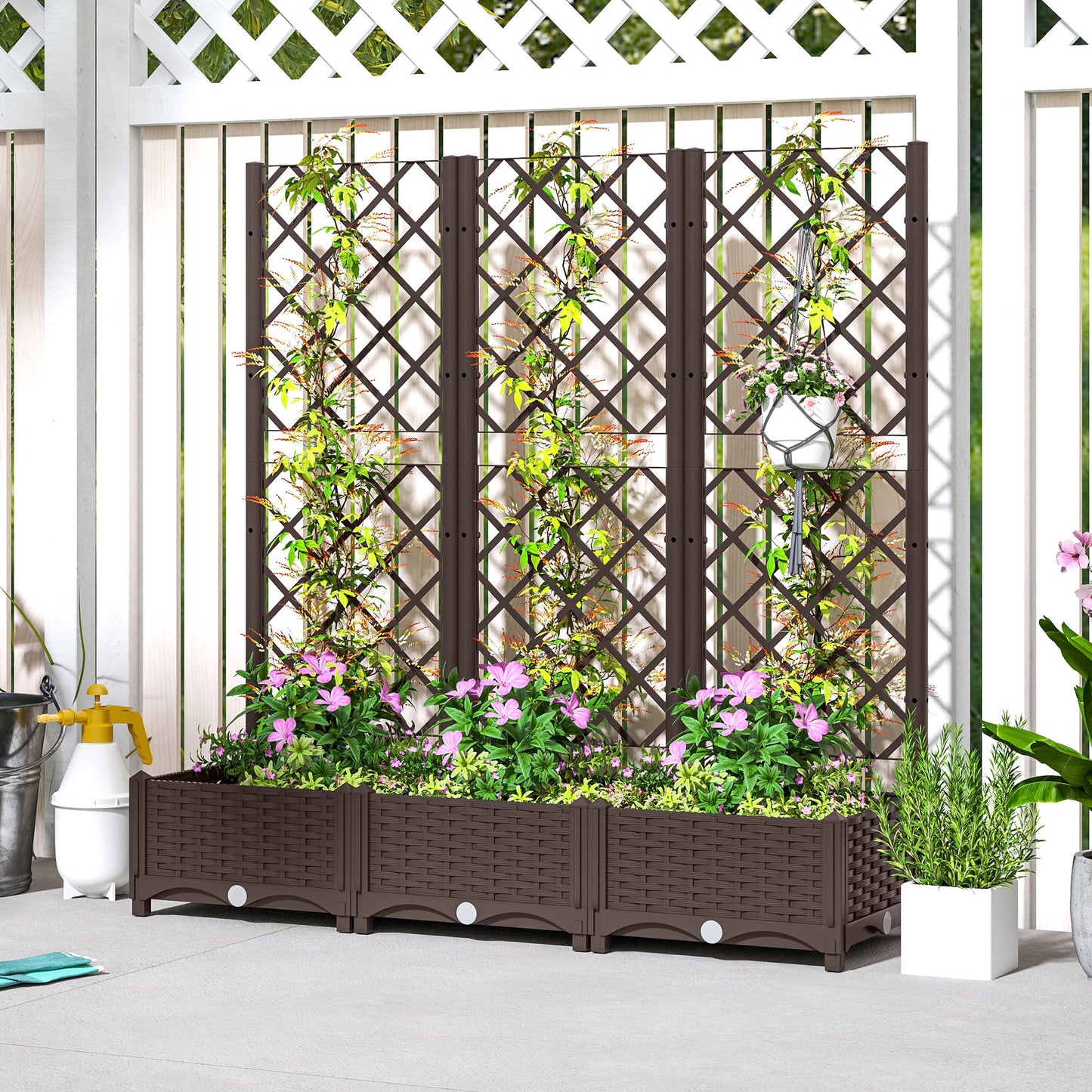 Raised Garden Bed with Trellis, Plastic Outdoor Planter Box with Drainage Holes and Drain Plugs, Raised Flower Bed for Patio, Backyard, Balcony, 47" x 16" x 48"
