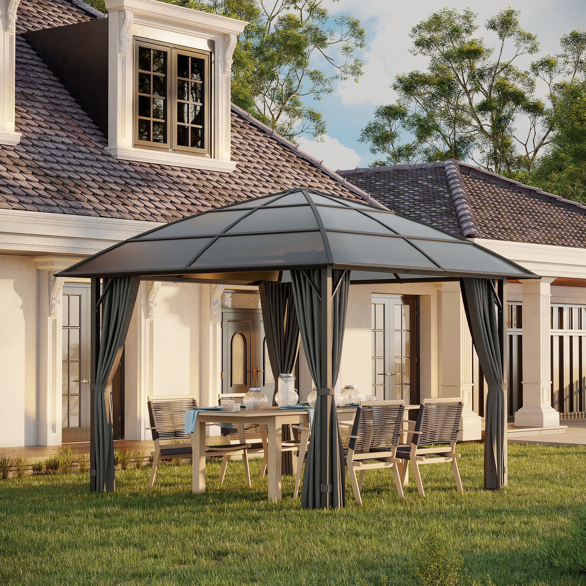 10' x 10' Outdoor Gazebo Canopy, Hardtop Gazebo with UV60+ Polycarbonate Roof, Steel Frame, Central Hook, and Curtains, for Garden, Lawn, Backyard, Deck, Dark Grey