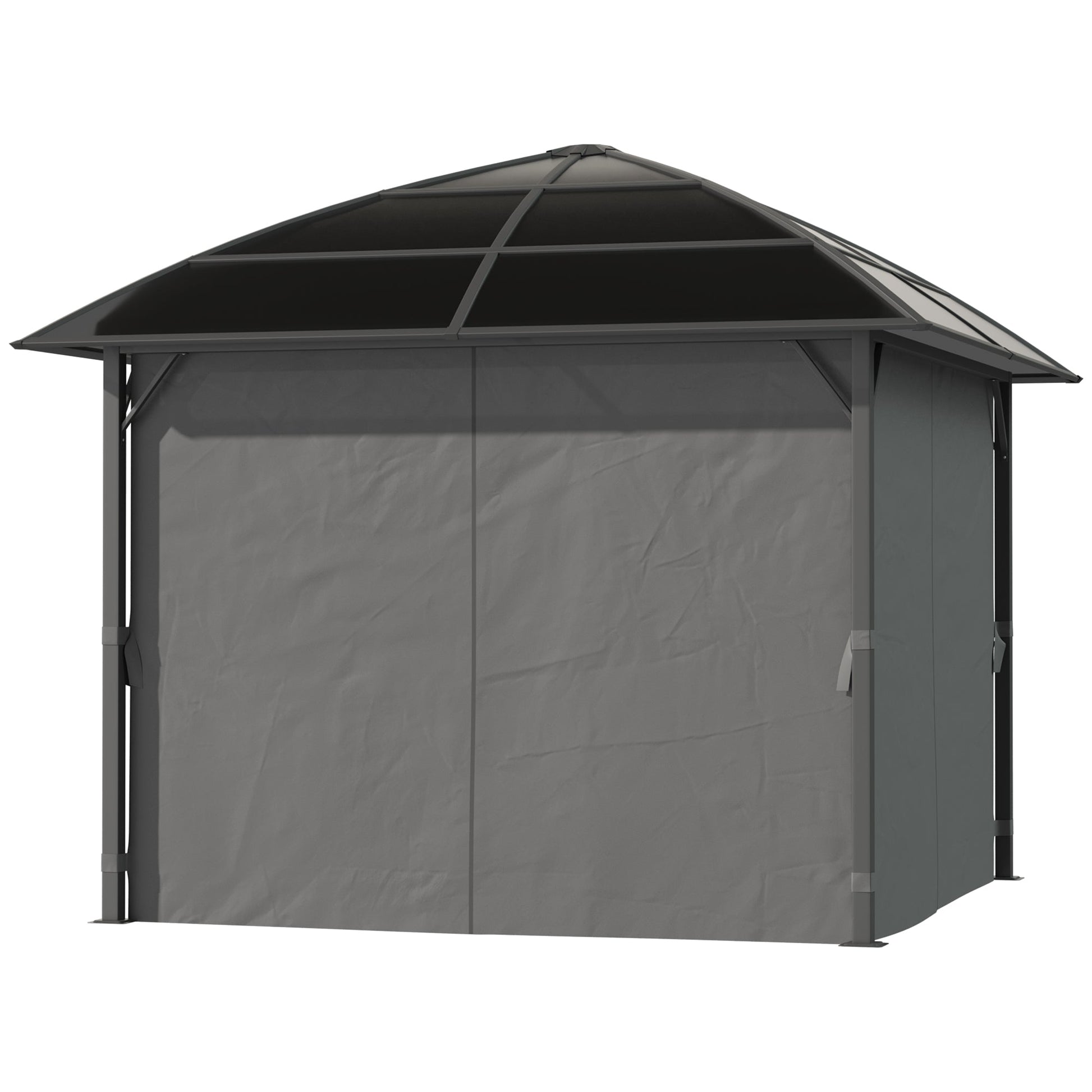 10' x 10' Outdoor Gazebo Canopy, Hardtop Gazebo with UV60+ Polycarbonate Roof, Steel Frame, Central Hook, and Curtains, for Garden, Lawn, Backyard, Deck, Dark Grey