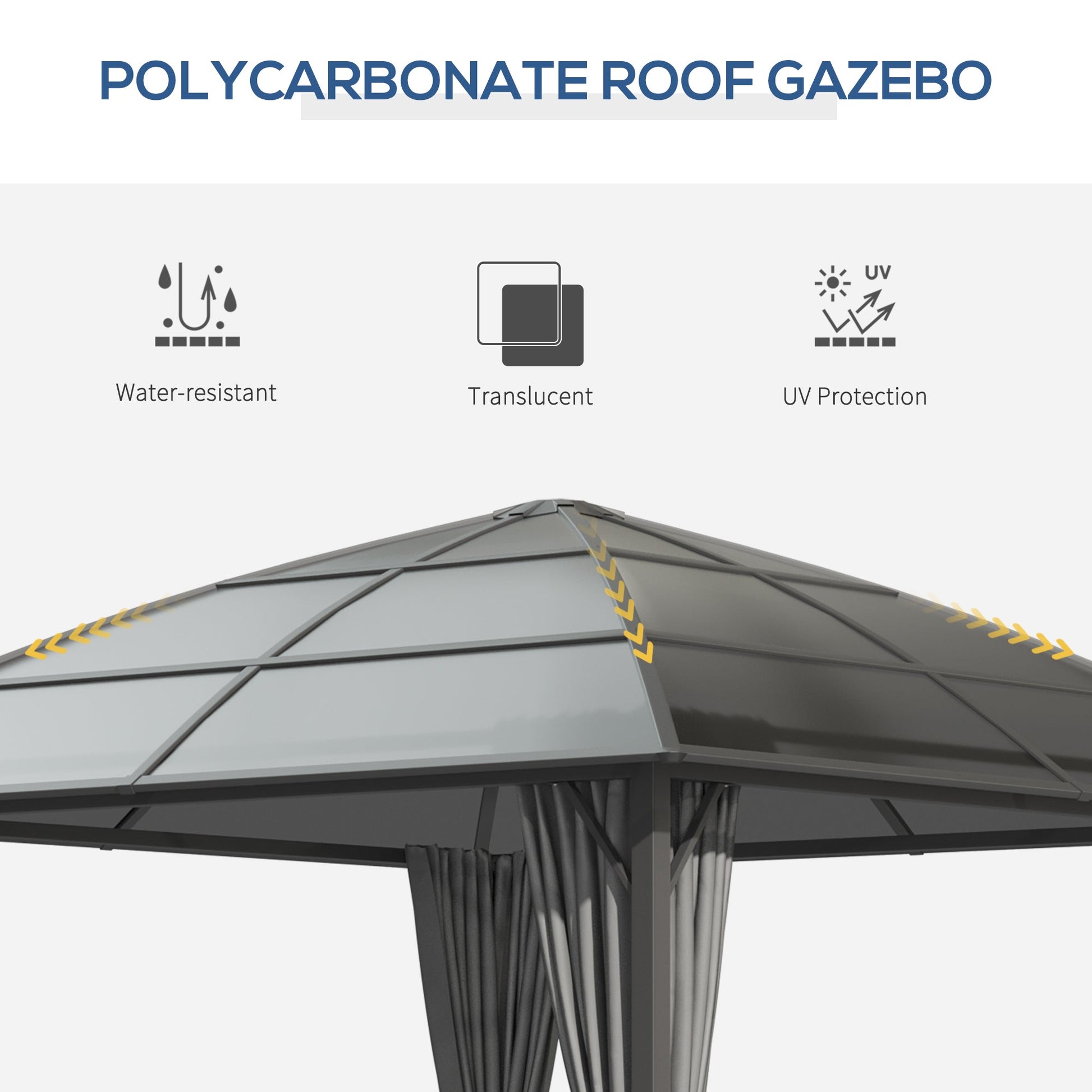 10' x 10' Outdoor Gazebo Canopy, Hardtop Gazebo with UV60+ Polycarbonate Roof, Steel Frame, Central Hook, and Curtains, for Garden, Lawn, Backyard, Deck, Dark Grey