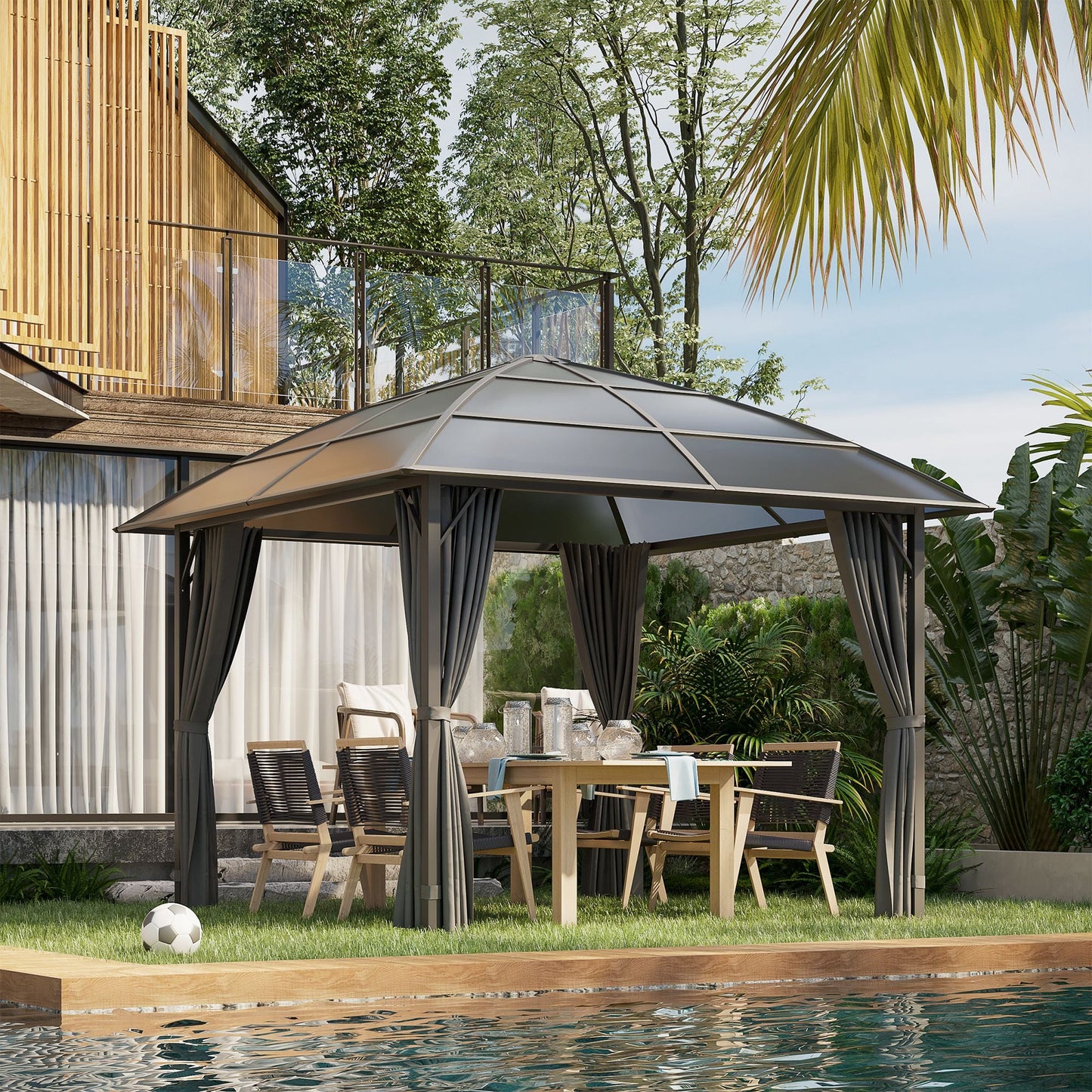 10' x 10' Outdoor Gazebo Canopy, Hardtop Gazebo with UV60+ Polycarbonate Roof, Steel Frame, Central Hook, and Curtains, for Garden, Lawn, Backyard, Deck, Dark Grey