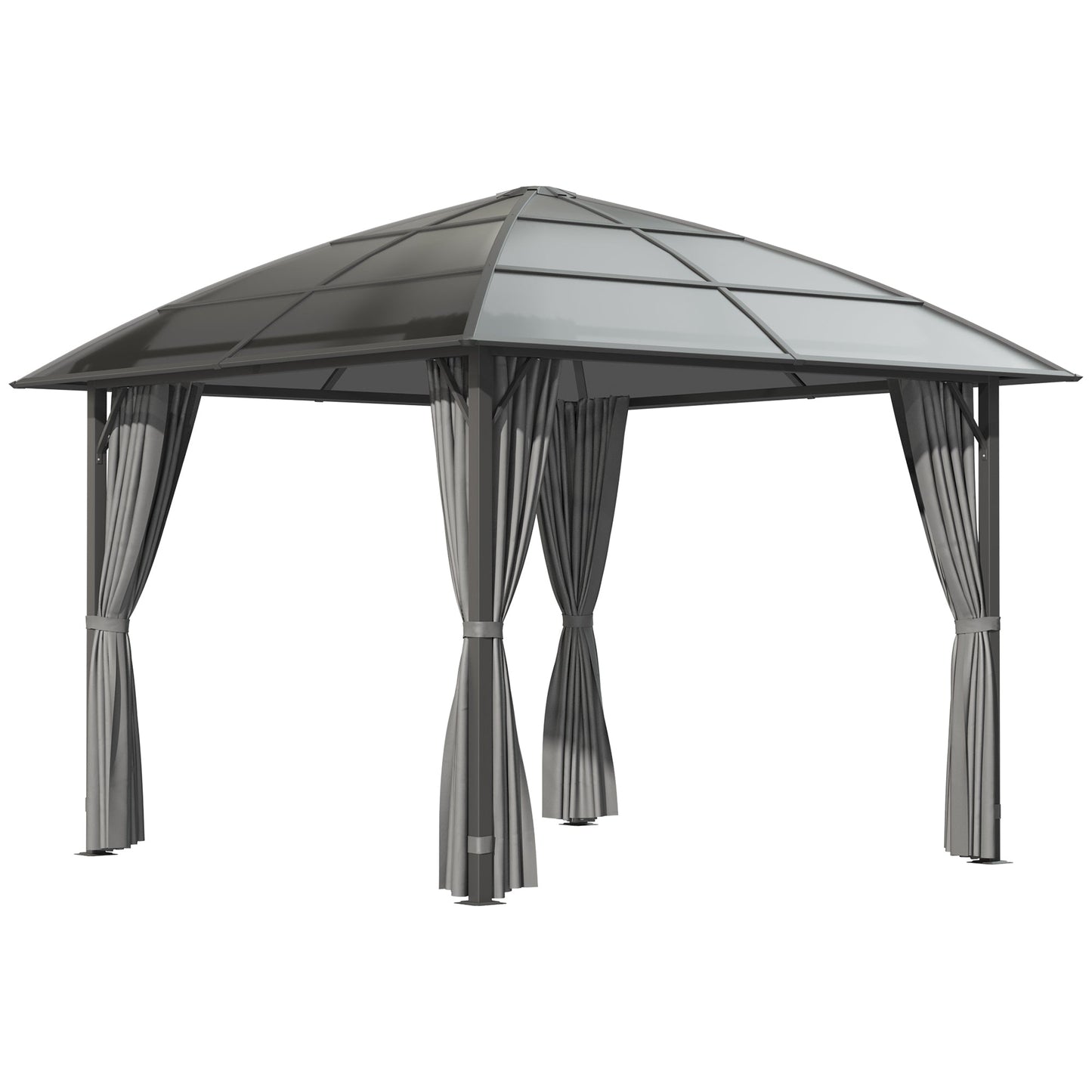 10' x 10' Outdoor Gazebo Canopy, Hardtop Gazebo with UV60+ Polycarbonate Roof, Steel Frame, Central Hook, and Curtains, for Garden, Lawn, Backyard, Deck, Dark Grey