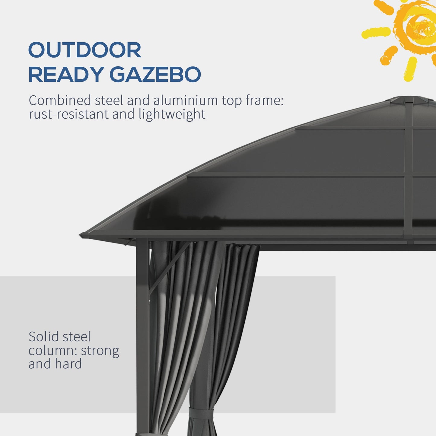 10' x 10' Outdoor Gazebo Canopy, Hardtop Gazebo with UV60+ Polycarbonate Roof, Steel Frame, Central Hook, and Curtains, for Garden, Lawn, Backyard, Deck, Dark Grey