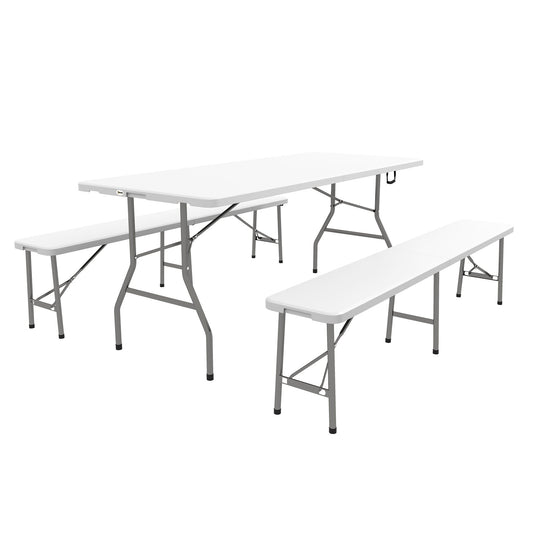 Folding Picnic Table with 2 Benches, 3-Piece Portable Outdoor Picnic Table Bench Set for 6, Patio Dining Table Set with Plastic Top, Steel Frame for Garden, White