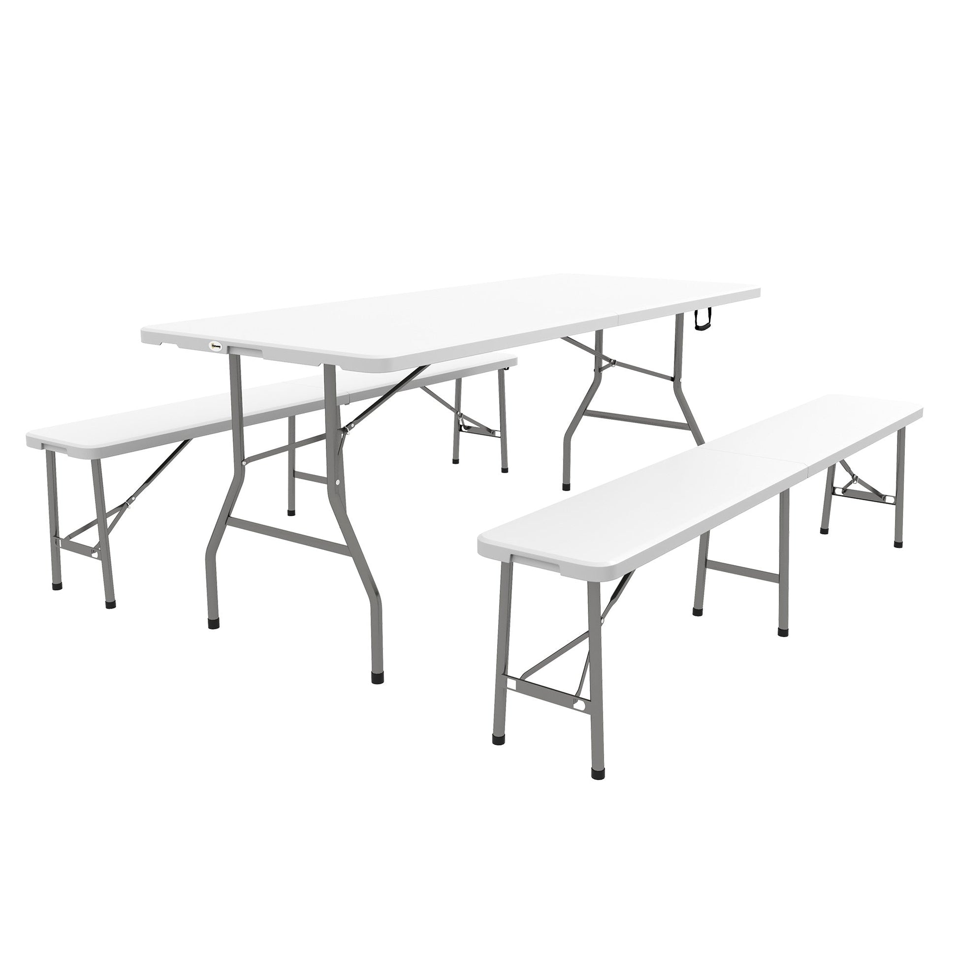 Folding Picnic Table with 2 Benches, 3-Piece Portable Outdoor Picnic Table Bench Set for 6, Patio Dining Table Set with Plastic Top, Steel Frame for Garden, White