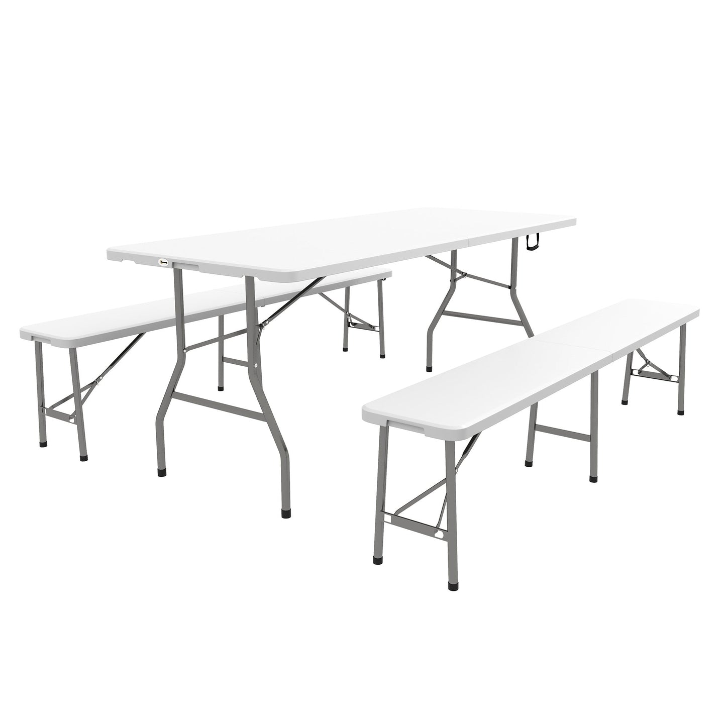 Folding Picnic Table with 2 Benches, 3-Piece Portable Outdoor Picnic Table Bench Set for 6, Patio Dining Table Set with Plastic Top, Steel Frame for Garden, White