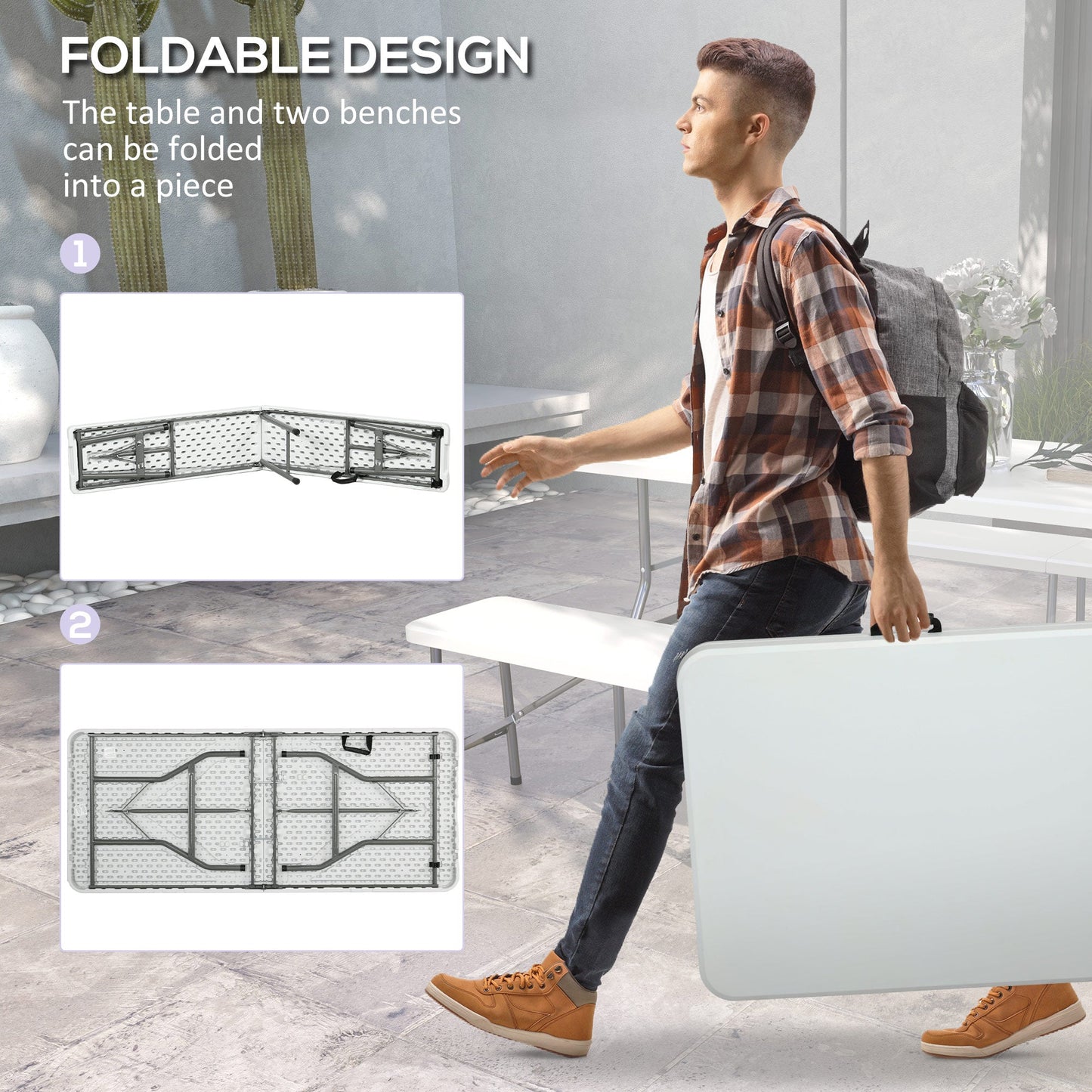 Folding Picnic Table with 2 Benches, 3-Piece Portable Outdoor Picnic Table Bench Set for 6, Patio Dining Table Set with Plastic Top, Steel Frame for Garden, White