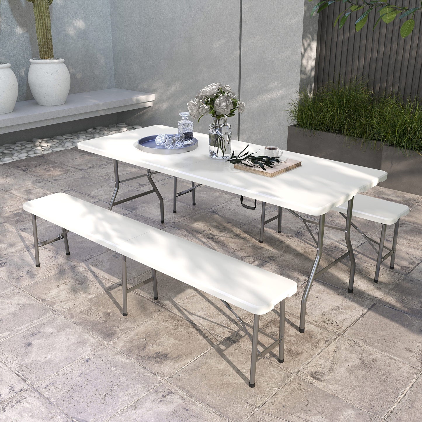 Folding Picnic Table with 2 Benches, 3-Piece Portable Outdoor Picnic Table Bench Set for 6, Patio Dining Table Set with Plastic Top, Steel Frame for Garden, White