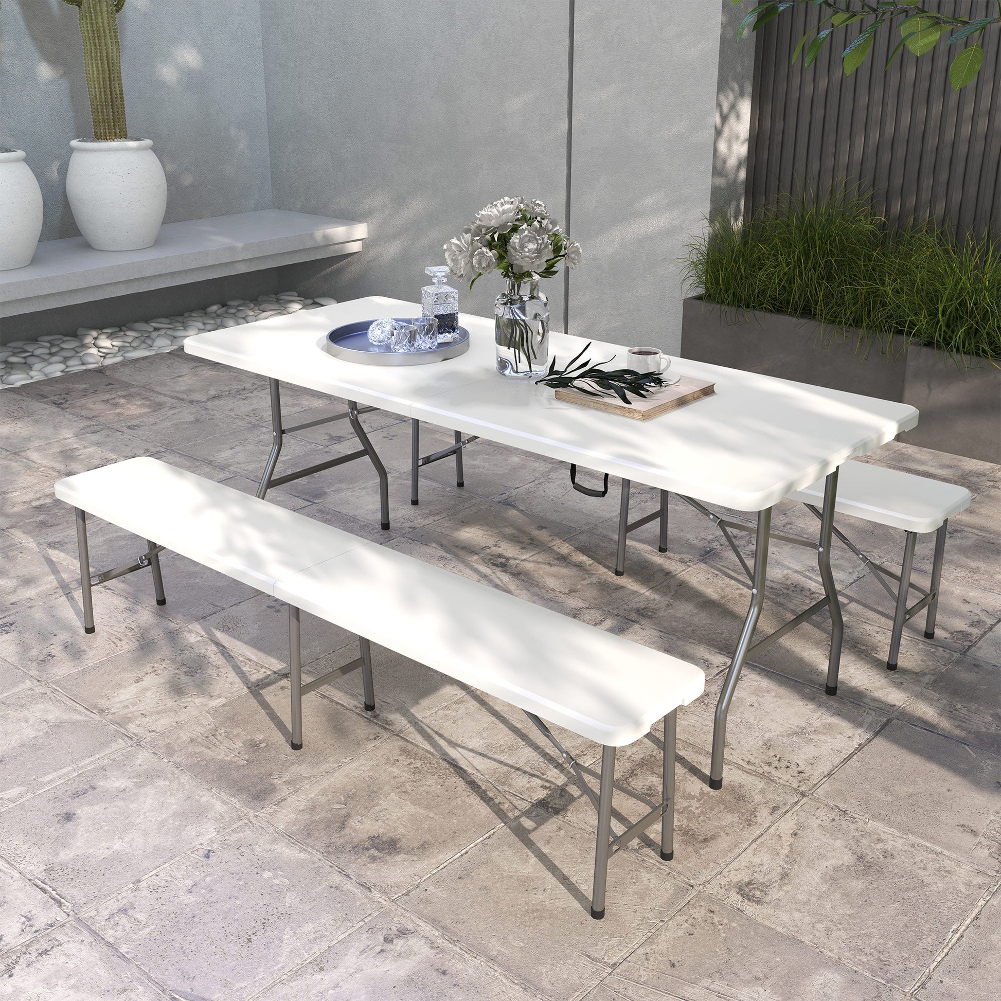 Folding Picnic Table with 2 Benches, 3-Piece Portable Outdoor Picnic Table Bench Set for 6, Patio Dining Table Set with Plastic Top, Steel Frame for Garden, White