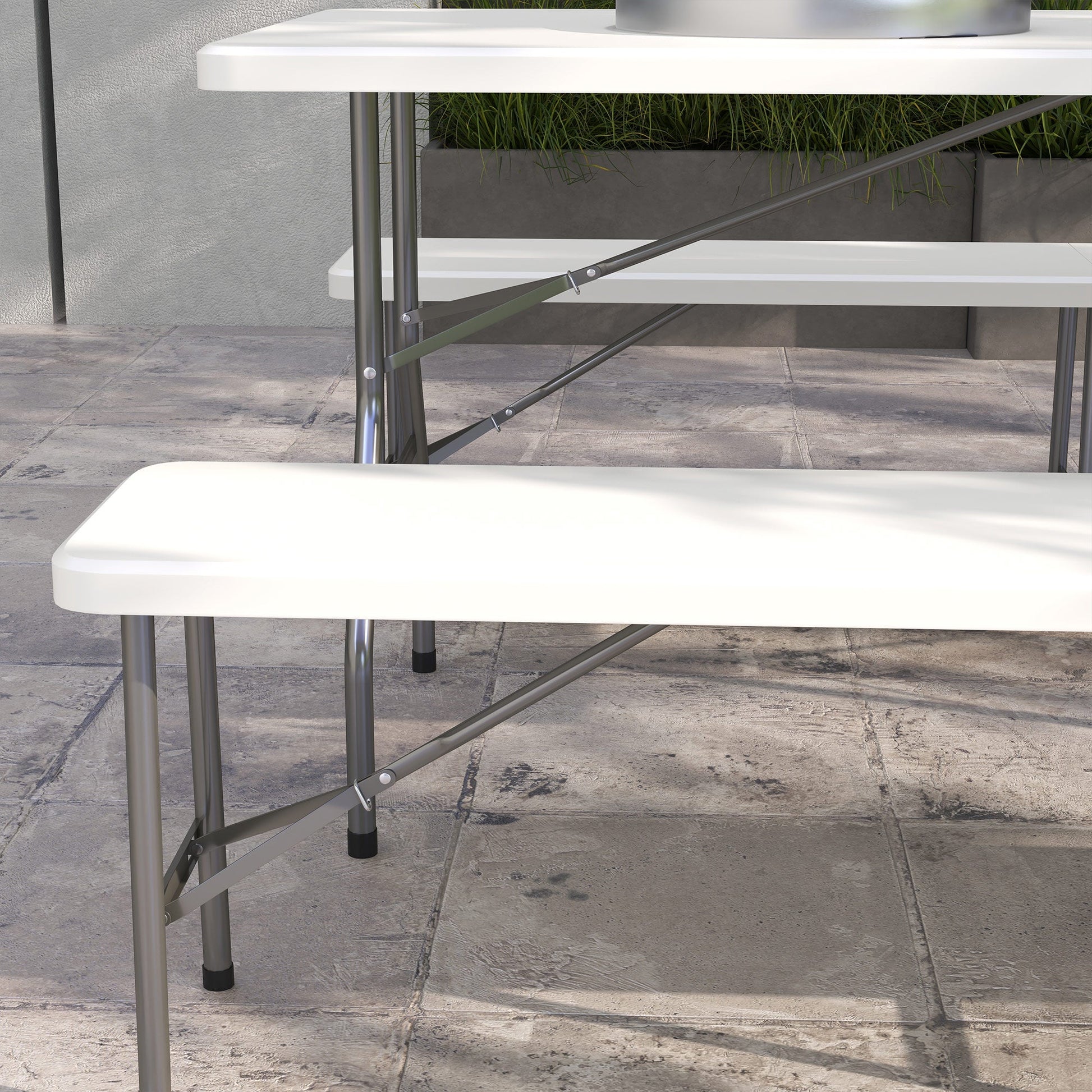 Folding Picnic Table with 2 Benches, 3-Piece Portable Outdoor Picnic Table Bench Set for 6, Patio Dining Table Set with Plastic Top, Steel Frame for Garden, White