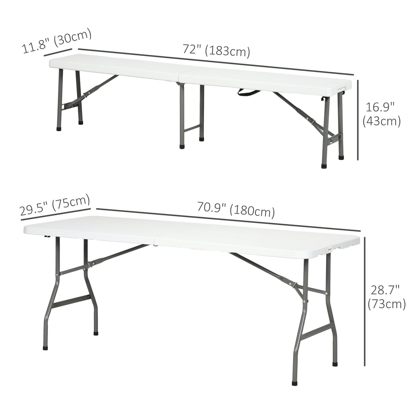 Folding Picnic Table with 2 Benches, 3-Piece Portable Outdoor Picnic Table Bench Set for 6, Patio Dining Table Set with Plastic Top, Steel Frame for Garden, White