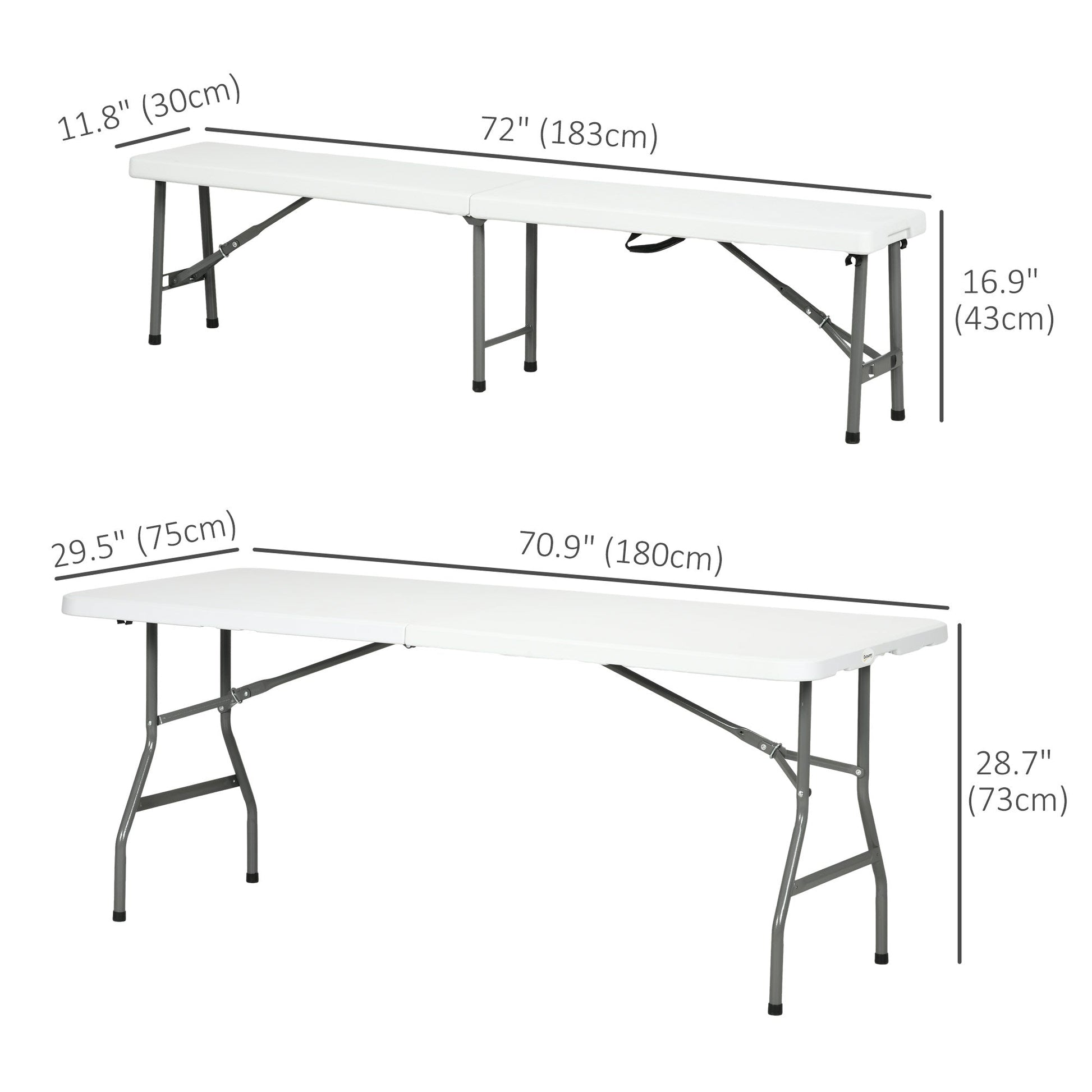 Folding Picnic Table with 2 Benches, 3-Piece Portable Outdoor Picnic Table Bench Set for 6, Patio Dining Table Set with Plastic Top, Steel Frame for Garden, White