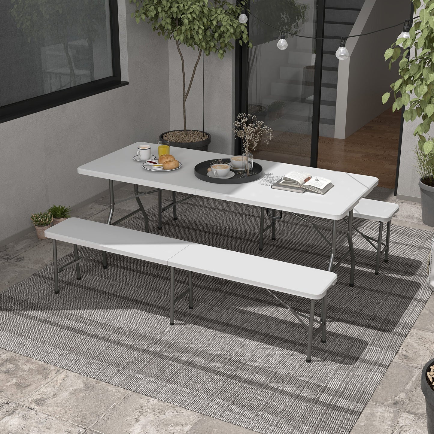 Folding Picnic Table with 2 Benches, 3-Piece Portable Outdoor Picnic Table Bench Set for 6, Patio Dining Table Set with Plastic Top, Steel Frame for Garden, White