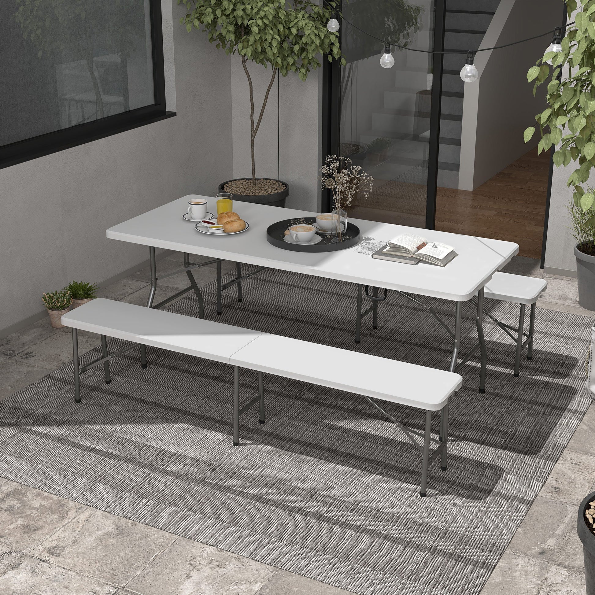 Folding Picnic Table with 2 Benches, 3-Piece Portable Outdoor Picnic Table Bench Set for 6, Patio Dining Table Set with Plastic Top, Steel Frame for Garden, White