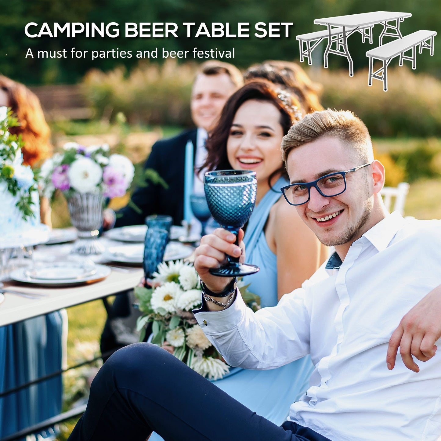Folding Picnic Table with 2 Benches, 3-Piece Portable Outdoor Picnic Table Bench Set for 6, Patio Dining Table Set with Plastic Top, Steel Frame for Garden, White