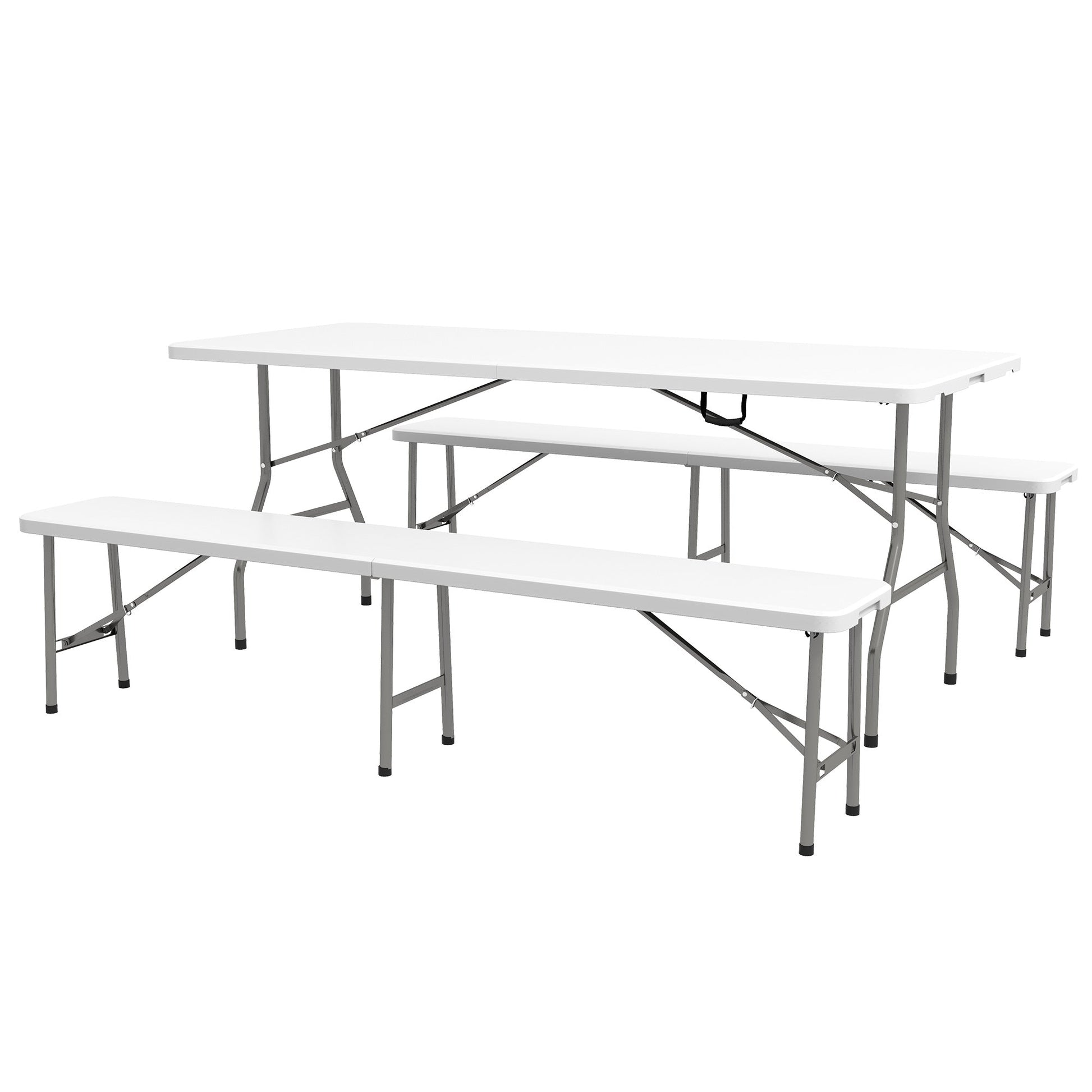 Folding Picnic Table with 2 Benches, 3-Piece Portable Outdoor Picnic Table Bench Set for 6, Patio Dining Table Set with Plastic Top, Steel Frame for Garden, White