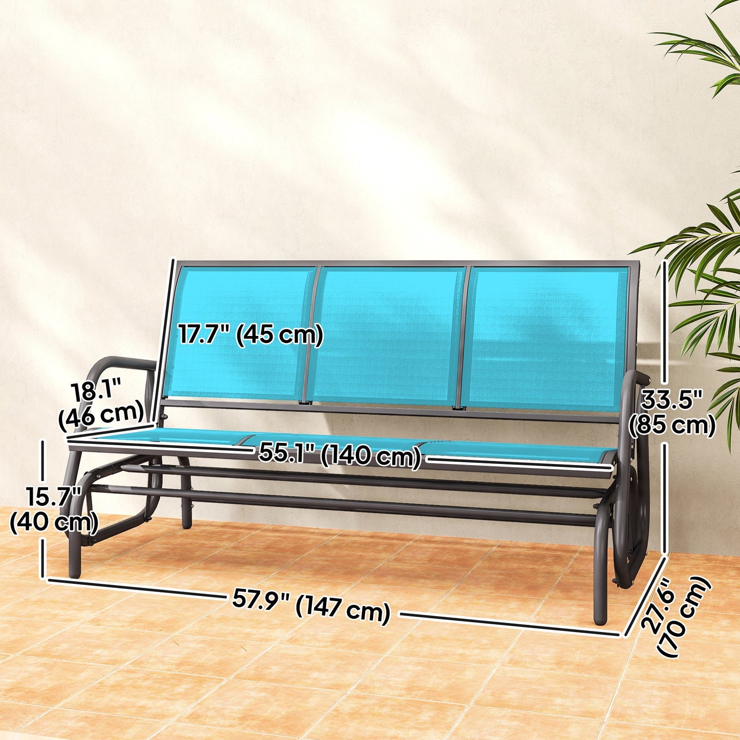 3-Seat Outdoor Glider, Patio Glider Outdoor Bench with Steel Frame, All Weather Breathable Mesh Seat for Garden, Backyard, Lawn, Blue