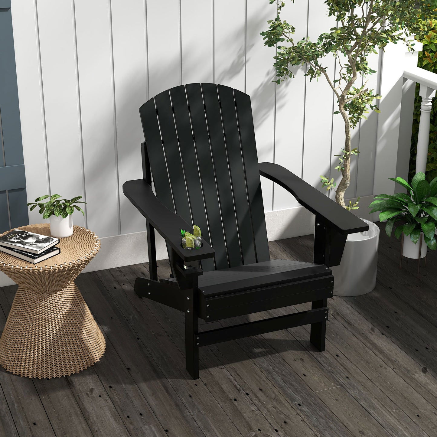 Classic Adirondack Chair Muskoka Chair, Garden Deck Chair with Cup Holder for Patio, Indoor, Backyard, Black