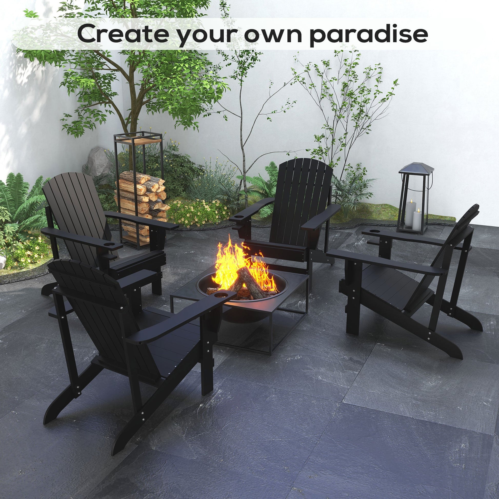 Classic Adirondack Chair Muskoka Chair, Garden Deck Chair with Cup Holder for Patio, Indoor, Backyard, Black