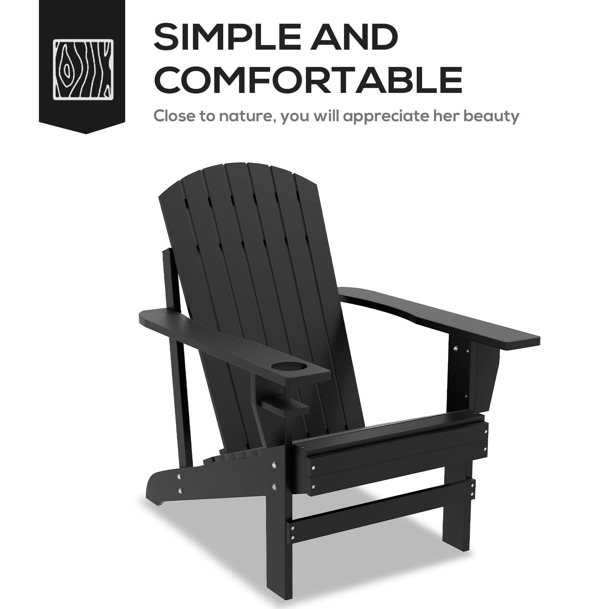 Classic Adirondack Chair Muskoka Chair, Garden Deck Chair with Cup Holder for Patio, Indoor, Backyard, Black