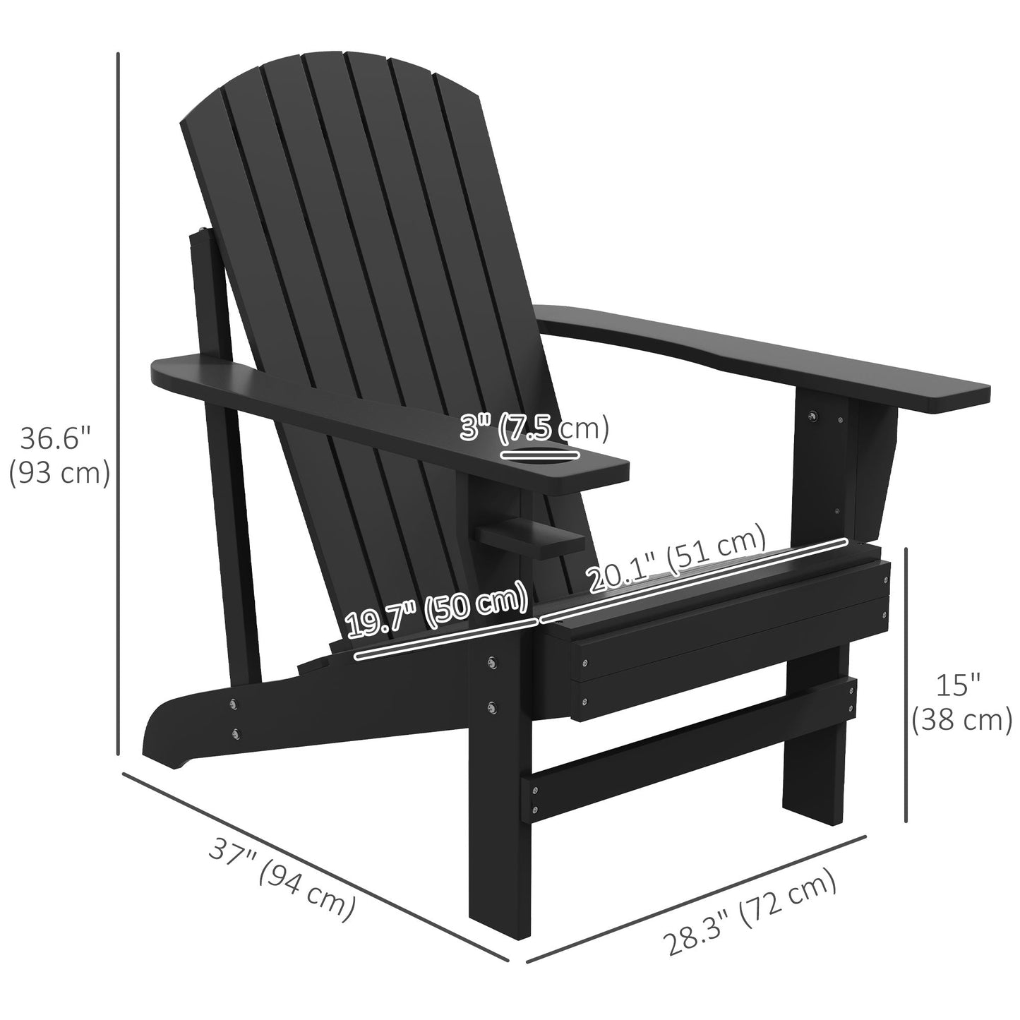Classic Adirondack Chair Muskoka Chair, Garden Deck Chair with Cup Holder for Patio, Indoor, Backyard, Black