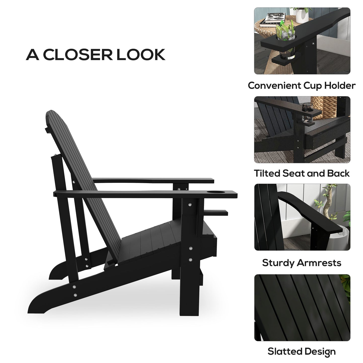 Classic Adirondack Chair Muskoka Chair, Garden Deck Chair with Cup Holder for Patio, Indoor, Backyard, Black