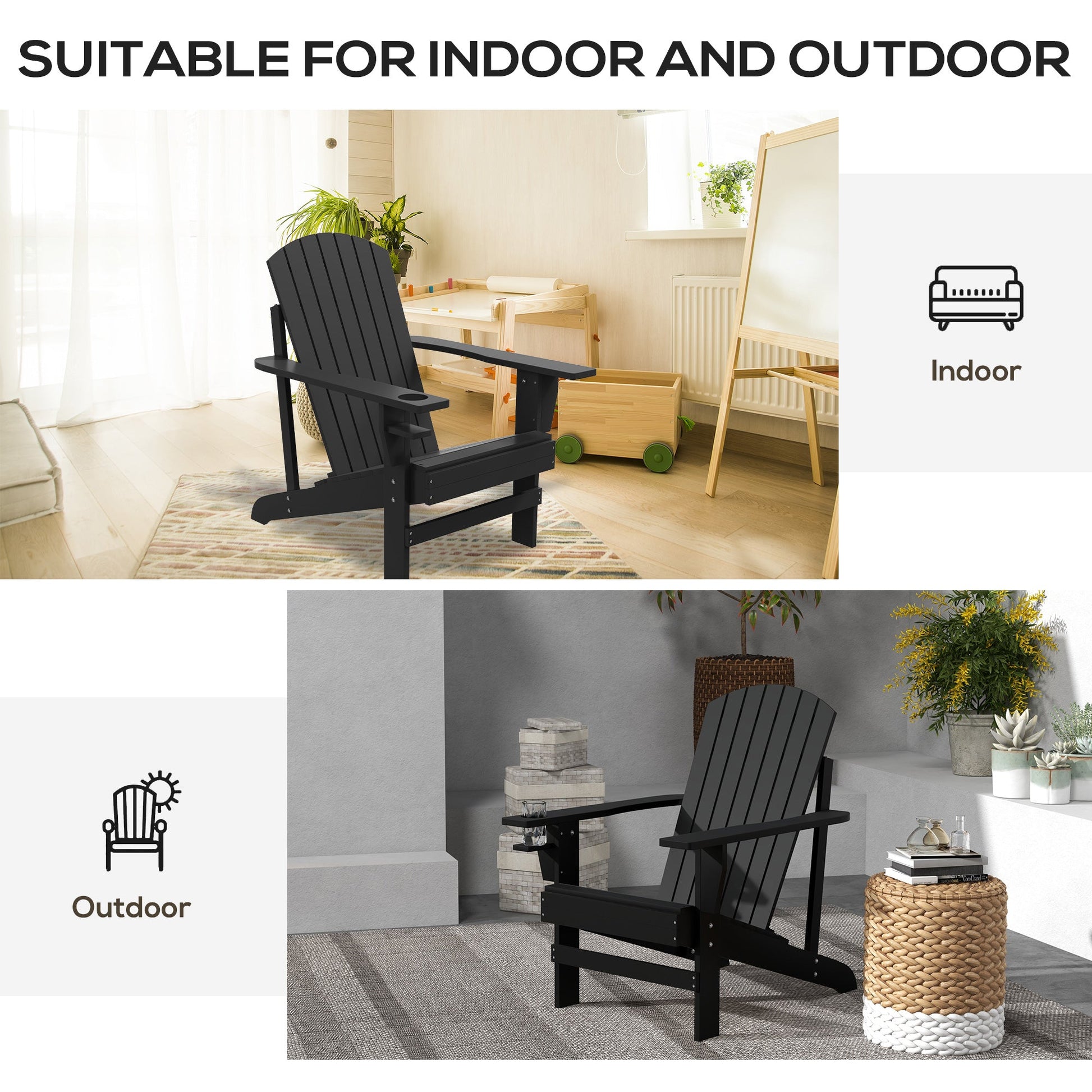 Classic Adirondack Chair Muskoka Chair, Garden Deck Chair with Cup Holder for Patio, Indoor, Backyard, Black