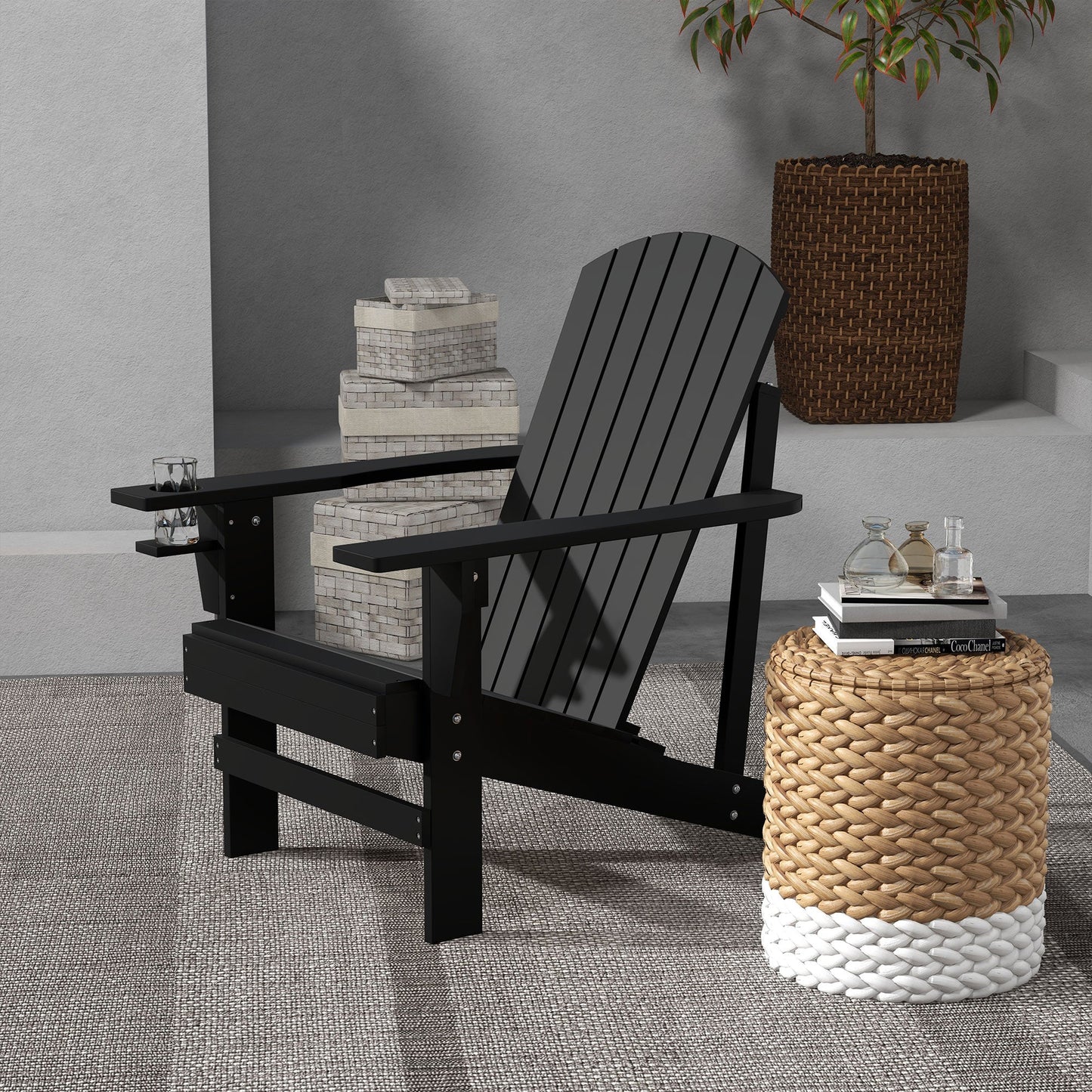 Classic Adirondack Chair Muskoka Chair, Garden Deck Chair with Cup Holder for Patio, Indoor, Backyard, Black
