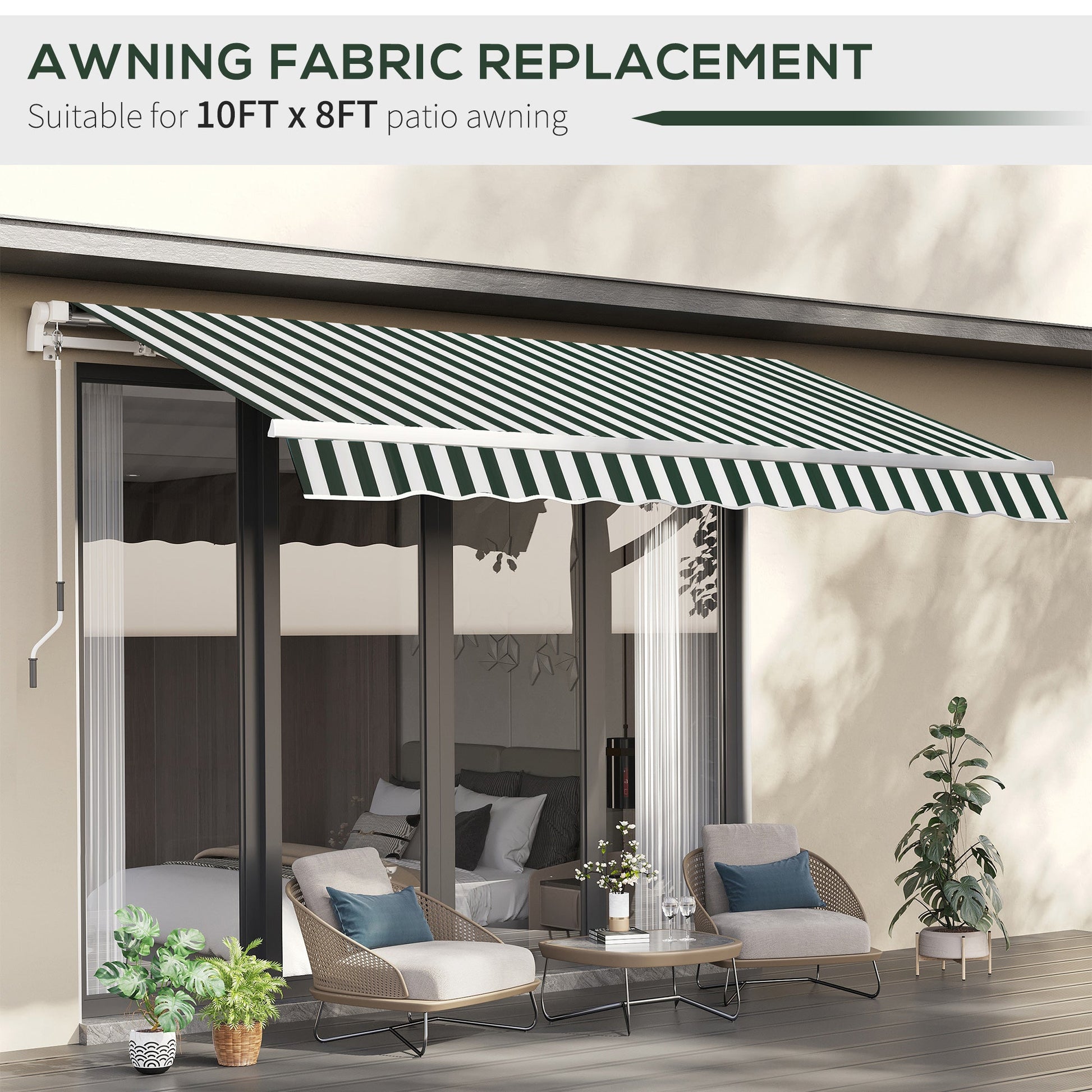 10' x 8' Retractable Awning Fabric Replacement Outdoor Sunshade Canopy Awning Cover, UV Protection, Green and White