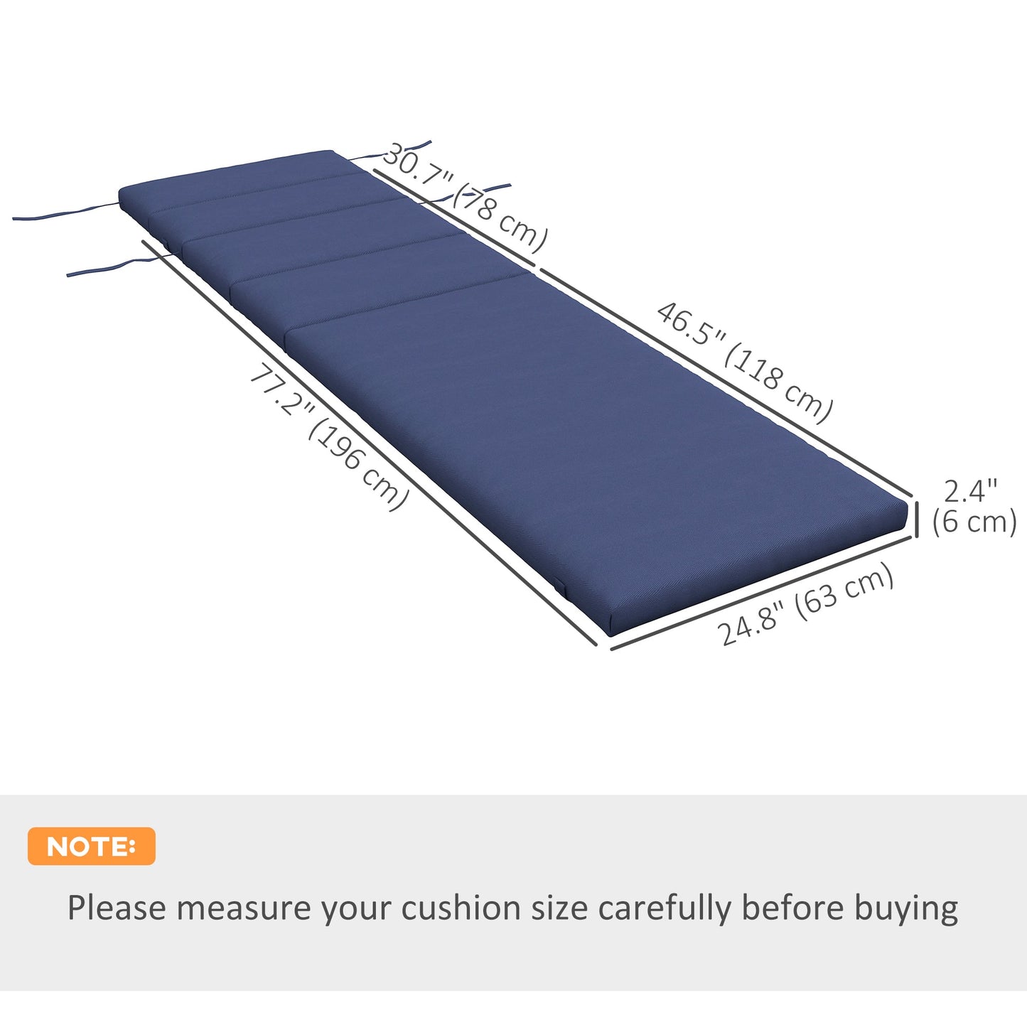 Outdoor Lounge Chair Cushion, Patio Chaise Lounge Cushion with Headrest and Ties, Water Resistant Replacement Sun Lounger Seat Pads, Dark Blue