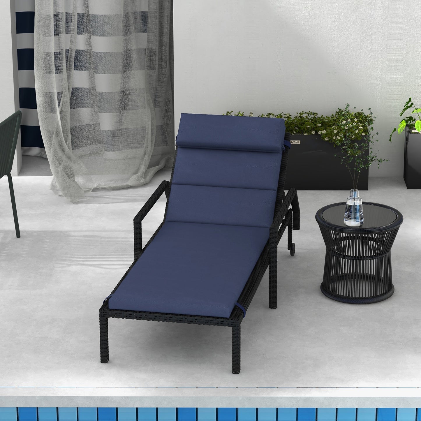 Outdoor Lounge Chair Cushion, Patio Chaise Lounge Cushion with Headrest and Ties, Water Resistant Replacement Sun Lounger Seat Pads, Dark Blue