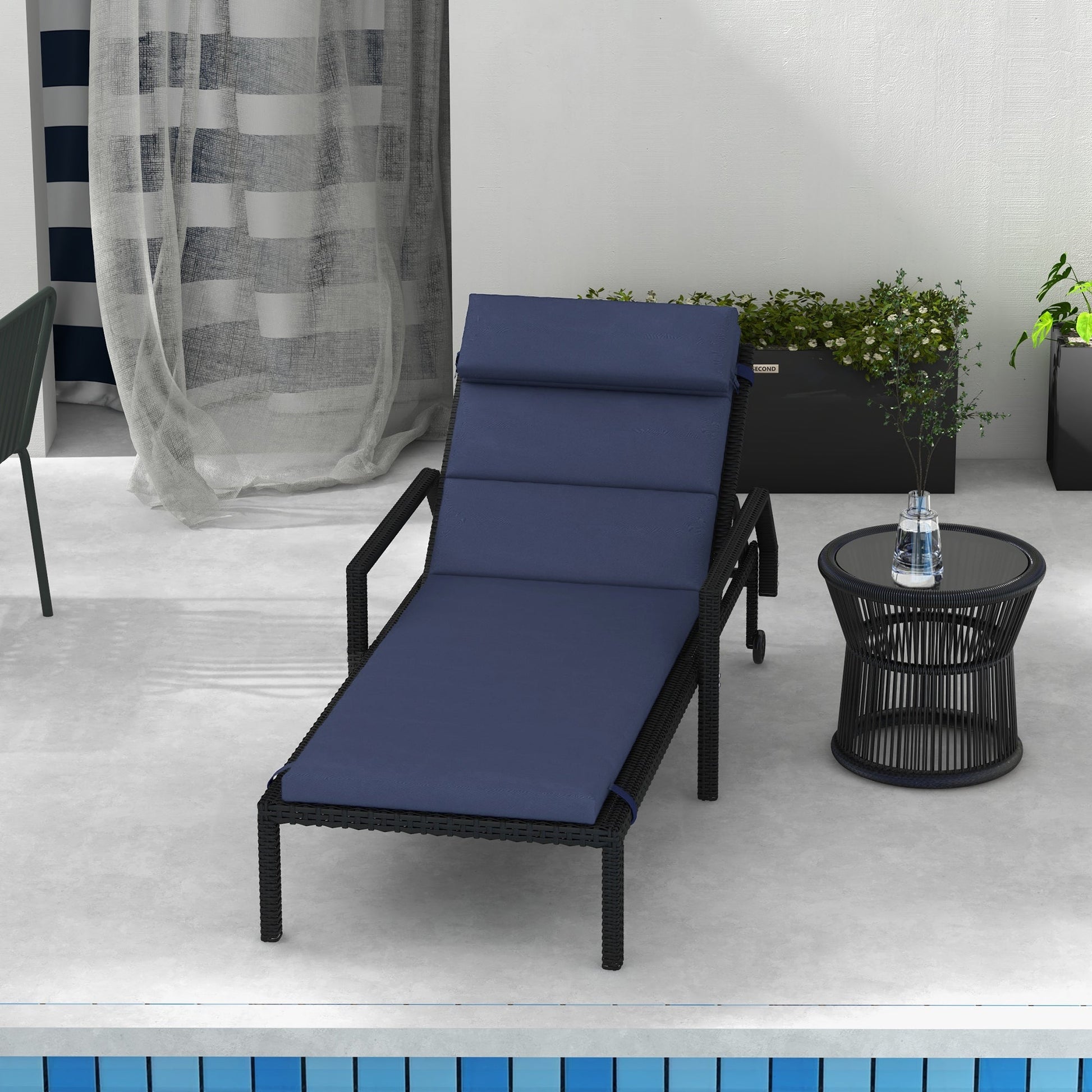 Outdoor Lounge Chair Cushion, Patio Chaise Lounge Cushion with Headrest and Ties, Water Resistant Replacement Sun Lounger Seat Pads, Dark Blue