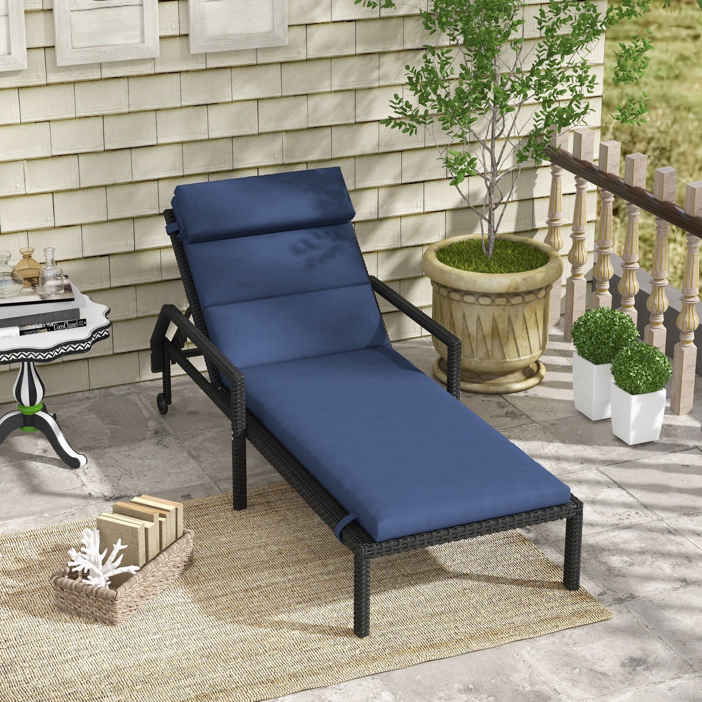 Outdoor Lounge Chair Cushion, Patio Chaise Lounge Cushion with Headrest and Ties, Water Resistant Replacement Sun Lounger Seat Pads, Dark Blue