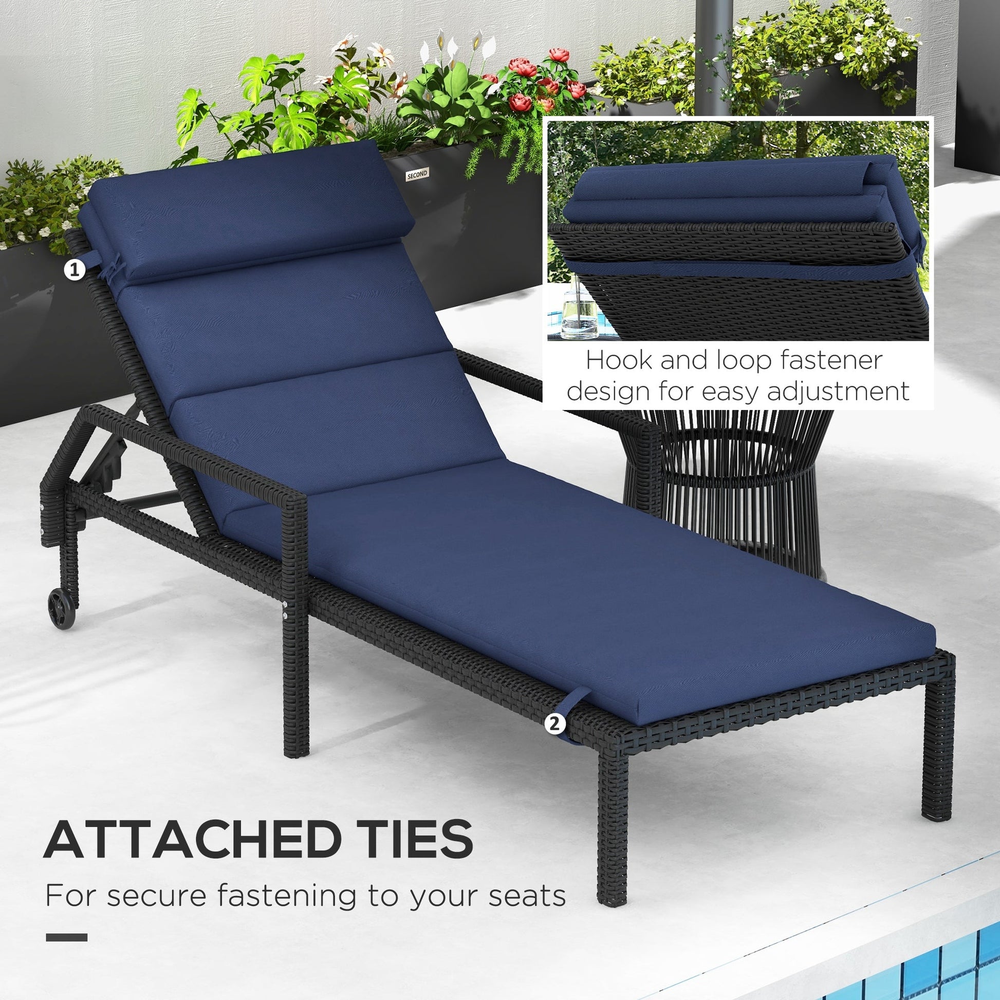 Outdoor Lounge Chair Cushion, Patio Chaise Lounge Cushion with Headrest and Ties, Water Resistant Replacement Sun Lounger Seat Pads, Dark Blue