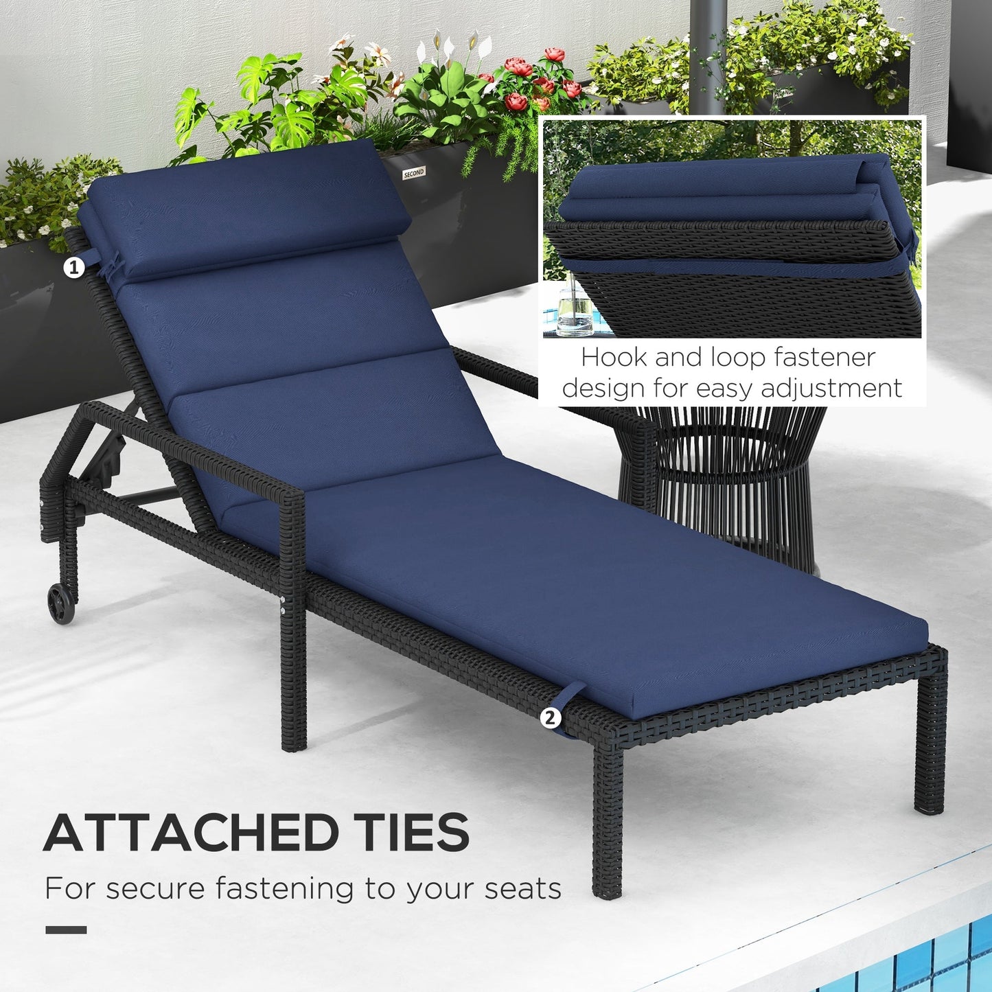 Outdoor Lounge Chair Cushion, Patio Chaise Lounge Cushion with Headrest and Ties, Water Resistant Replacement Sun Lounger Seat Pads, Dark Blue