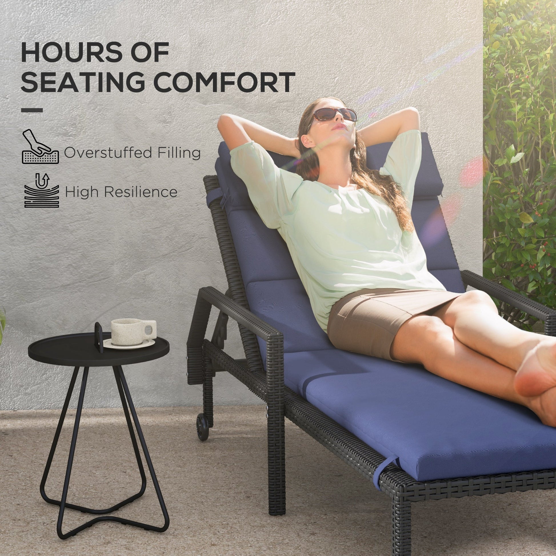Outdoor Lounge Chair Cushion, Patio Chaise Lounge Cushion with Headrest and Ties, Water Resistant Replacement Sun Lounger Seat Pads, Dark Blue