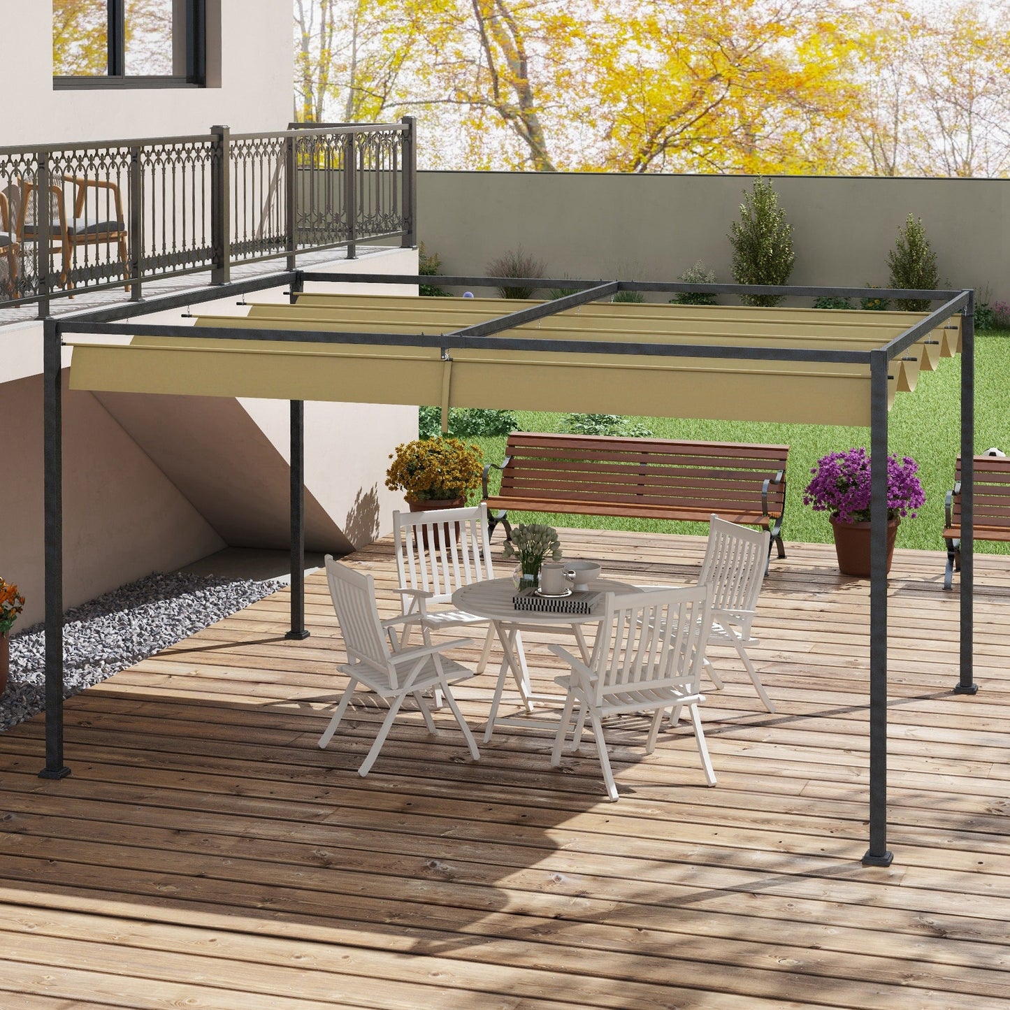 10' x 7' Patio Pergola with Retractable Canopy, Outdoor Sun Shelter, Yard Shade, Khaki