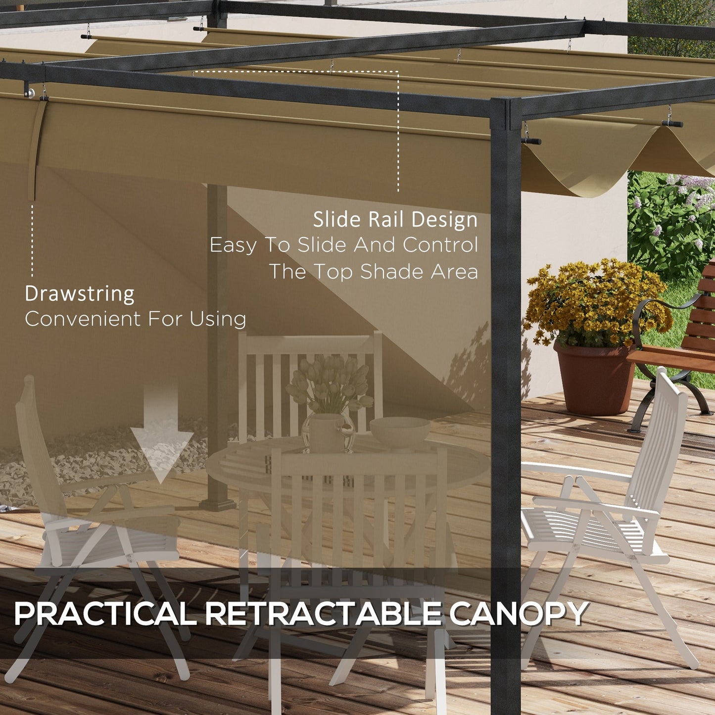 10' x 7' Patio Pergola with Retractable Canopy, Outdoor Sun Shelter, Yard Shade, Khaki