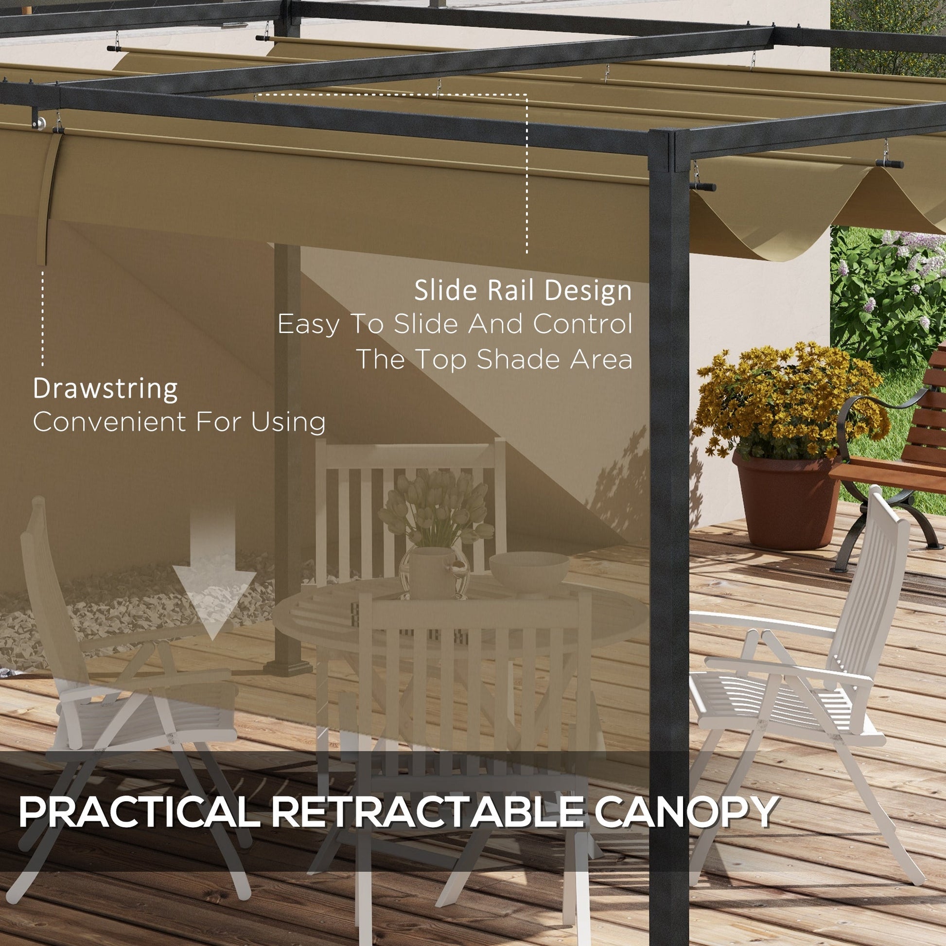 10' x 7' Patio Pergola with Retractable Canopy, Outdoor Sun Shelter, Yard Shade, Khaki