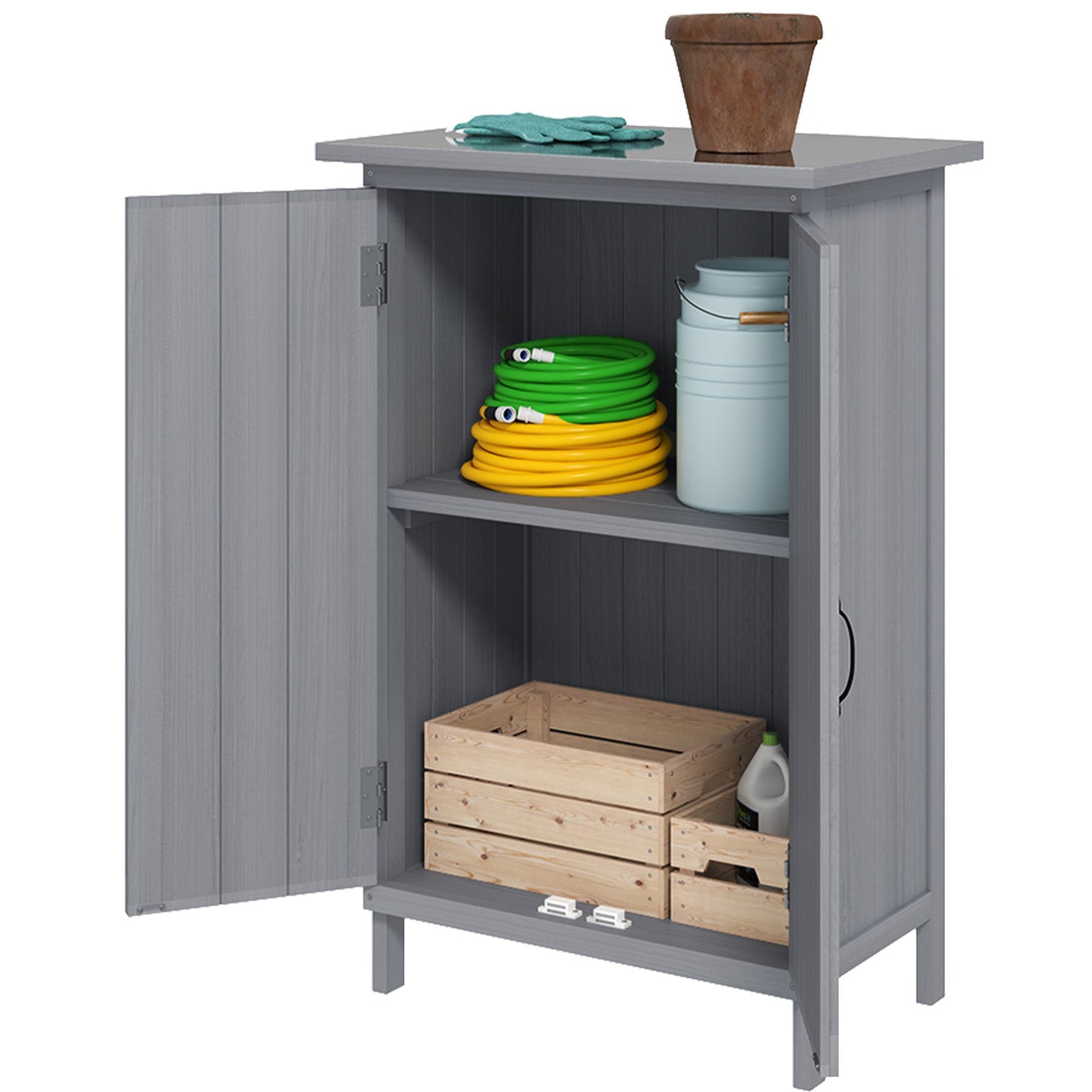 Outdoor Storage Cabinet, Wooden Garden Storage Shed with 2-Tier Shelves and Metal Tabletop, Outdoor Tool Shed with Magnetic Doors for Backyard, Patio, Lawn, Grey