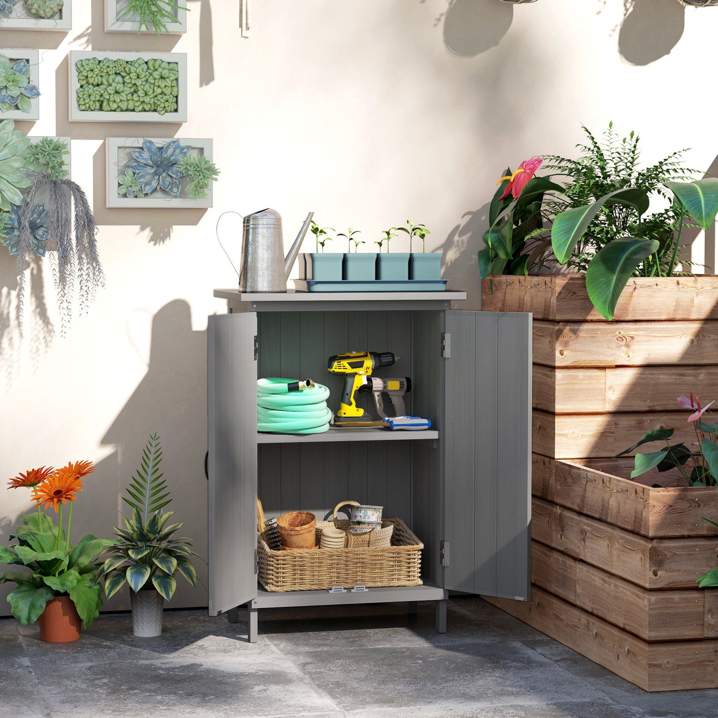 Outdoor Storage Cabinet, Wooden Garden Storage Shed with 2-Tier Shelves and Metal Tabletop, Outdoor Tool Shed with Magnetic Doors for Backyard, Patio, Lawn, Grey